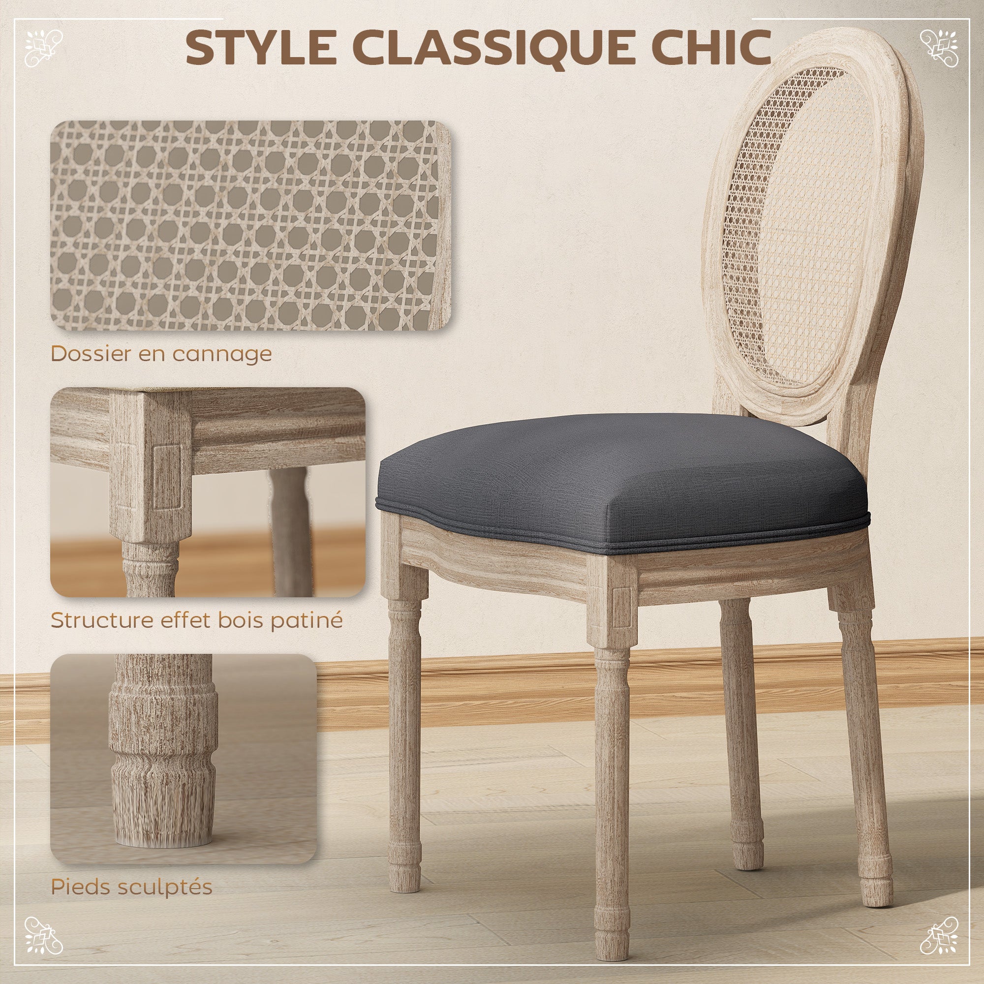 Lot de 2 chaises de Salle à Manger - Chaise de Salon médaillon Style Louis XVI - Bois Massif sculpté, patiné - Dossier cannage - Aspect Lin Gris