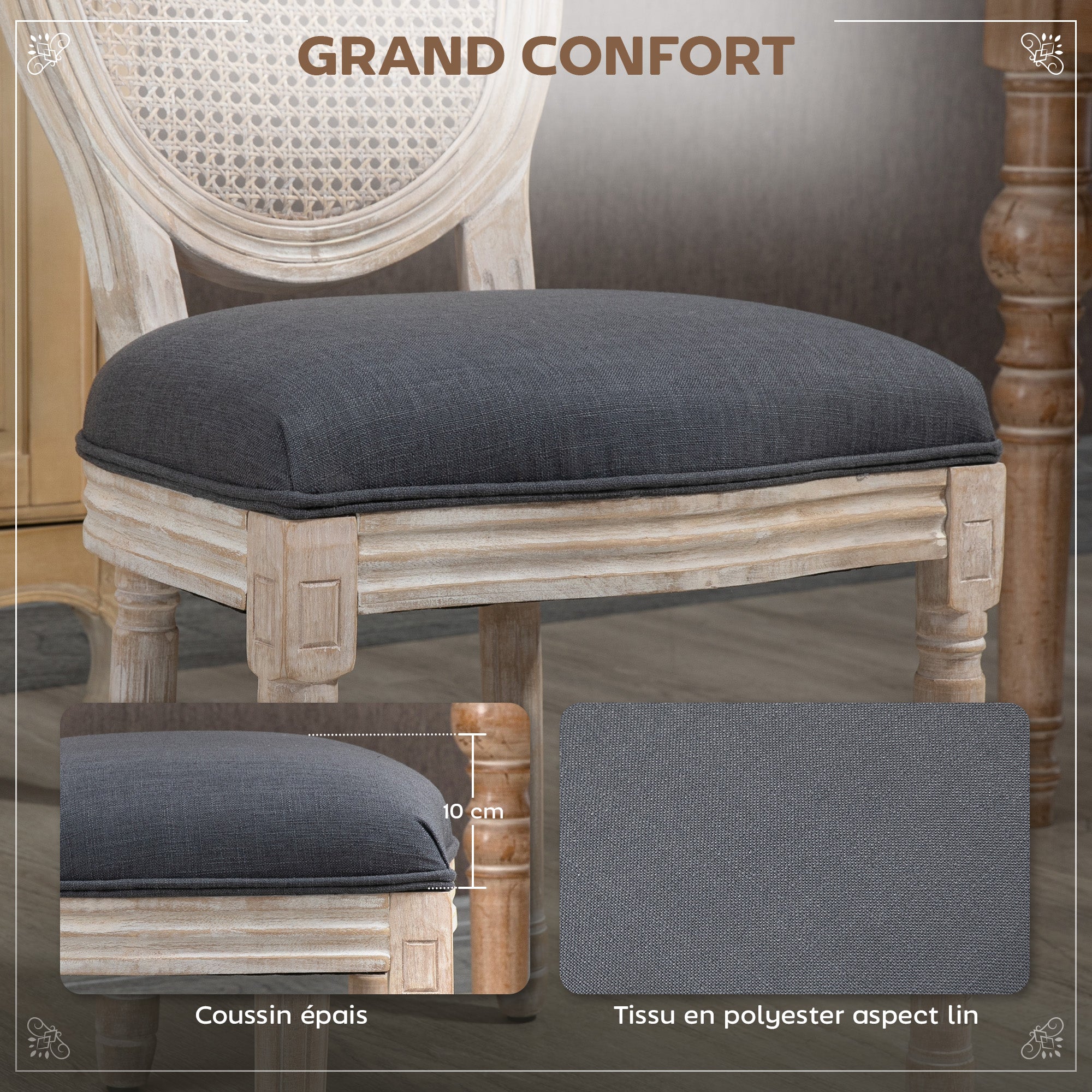 Lot de 2 chaises de Salle à Manger - Chaise de Salon médaillon Style Louis XVI - Bois Massif sculpté, patiné - Dossier cannage - Aspect Lin Gris