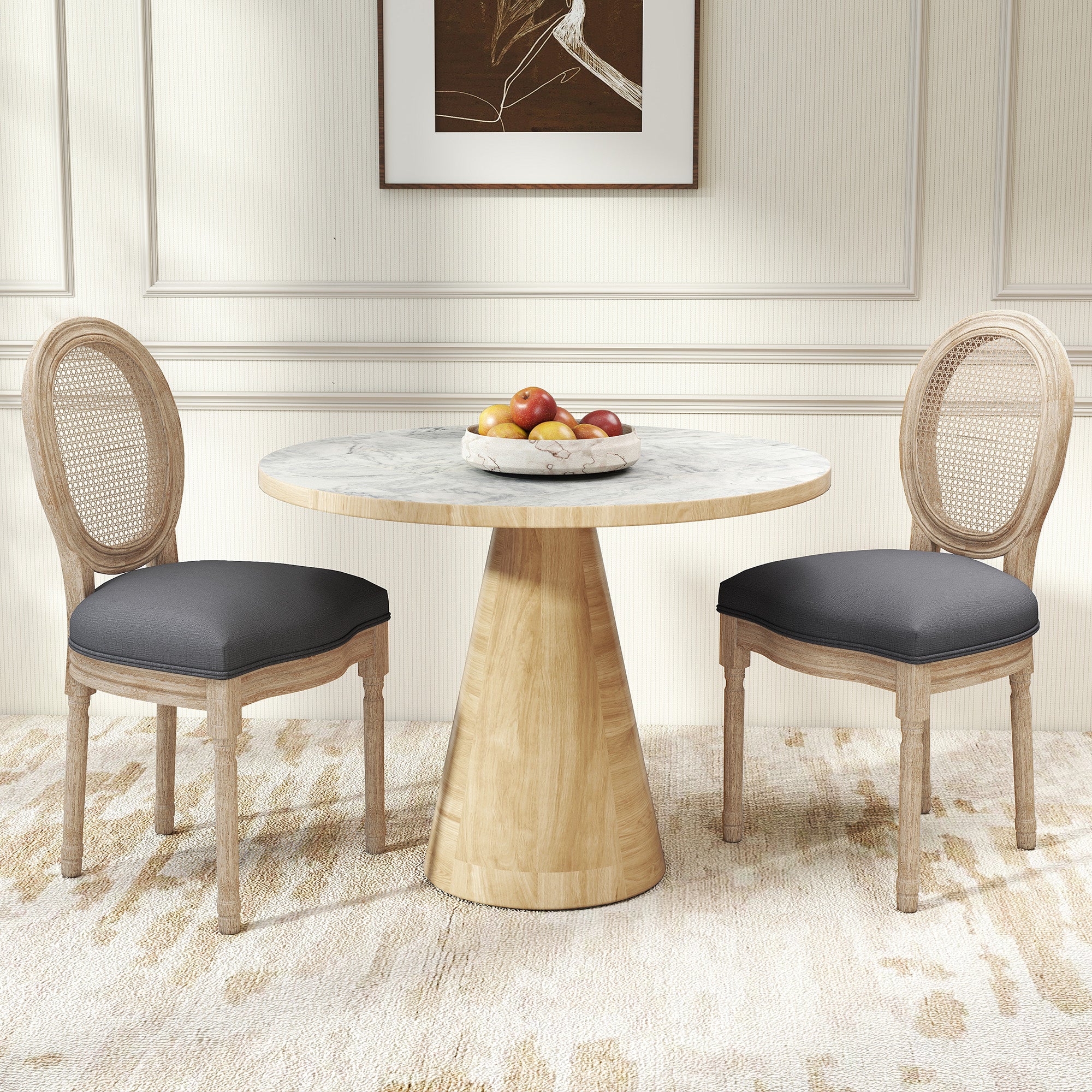 Lot de 2 chaises de Salle à Manger - Chaise de Salon médaillon Style Louis XVI - Bois Massif sculpté, patiné - Dossier cannage - Aspect Lin Gris