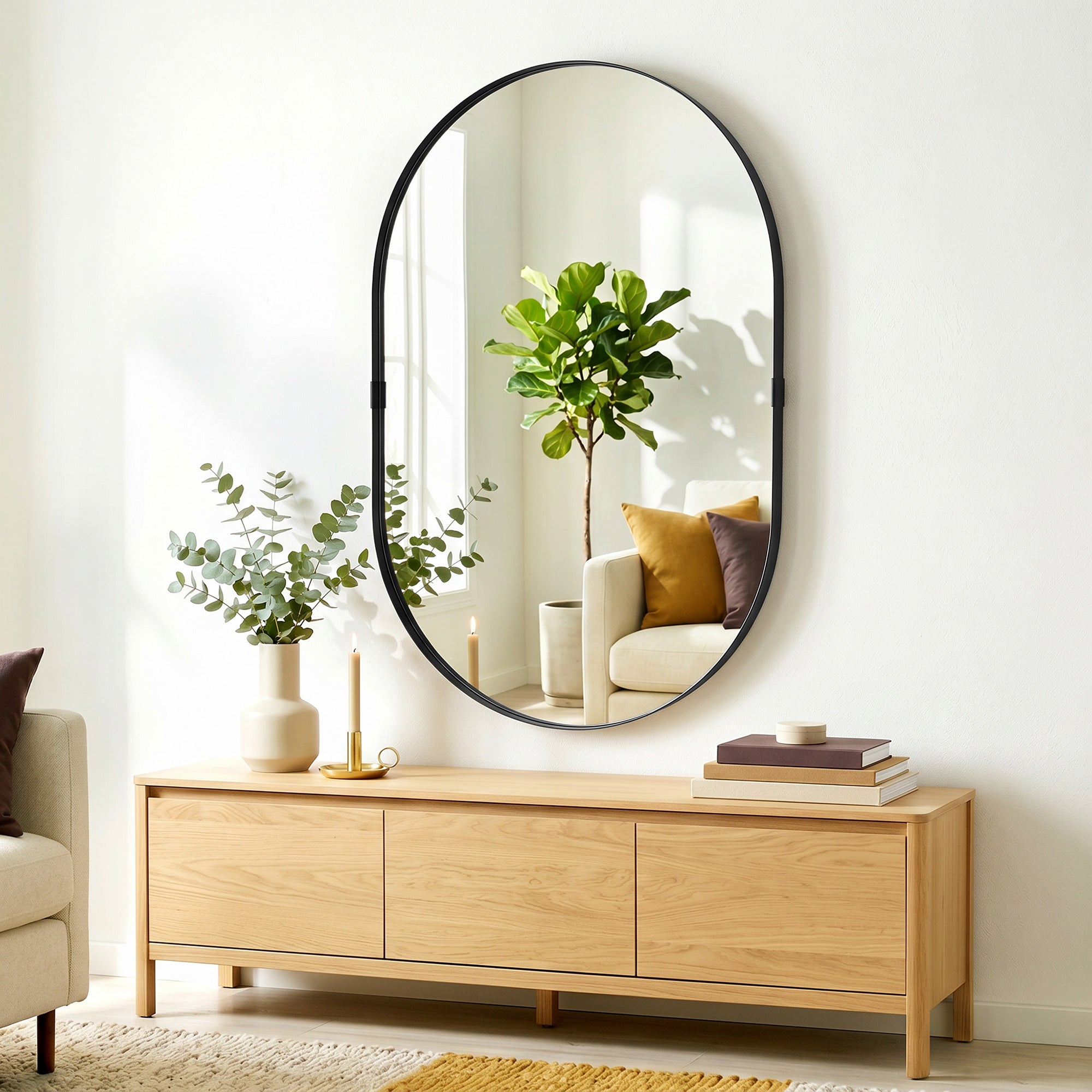Miroir mural, miroir décoratif 60 x 90 cm en verre trempé et cadre en aluminium, pour salle de bain, chambre, salon, couloir, noir