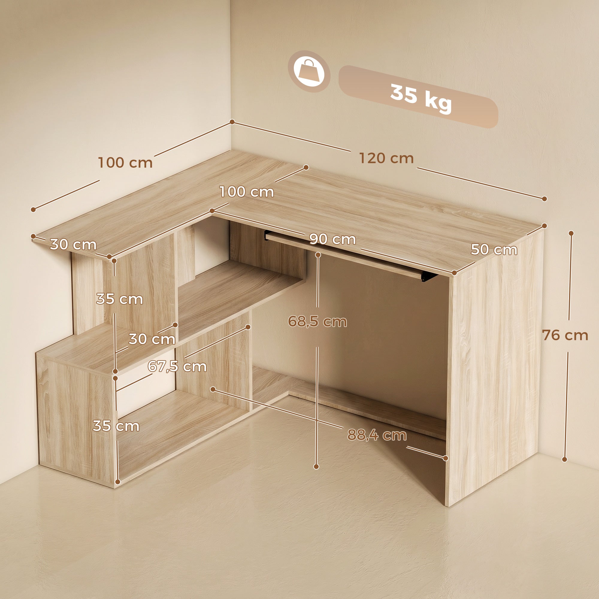 Bureau d'Angle, 120 x 100 x 76 cm, Bureau Informatique en L avec Plateau de Clavier, 4 Compartiments Ouverts, Style Moderne, Table de Travail pour Domicile, Chambre, Petit Espace, Bois Naturel