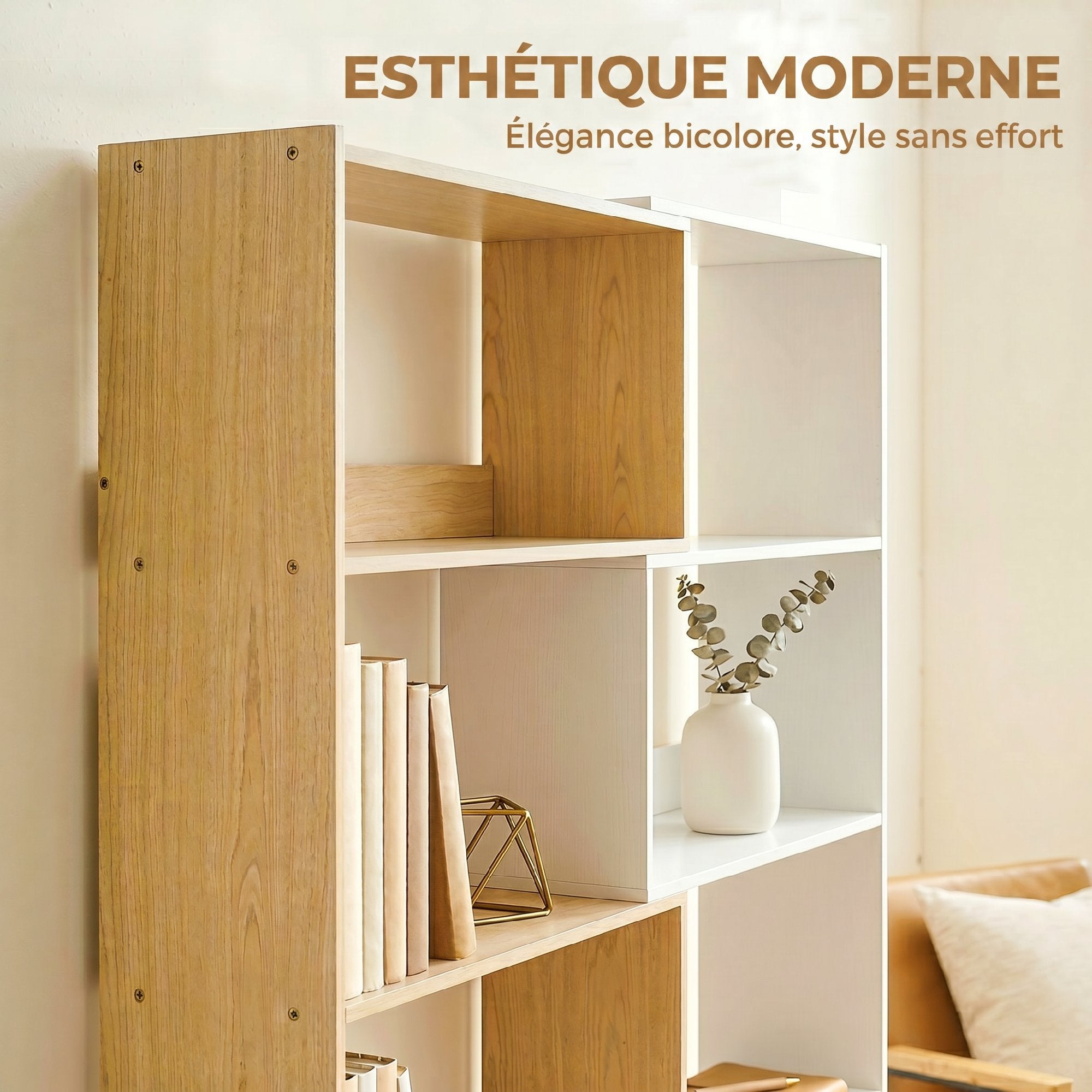 Bibliothèque d'angle rotative 350° à 5 niveaux, étagère de rangement extensible en forme L, 60-111x24x164cm, style moderne, meuble de rangement pour salon, bureau, petit espace, chêne et blanc