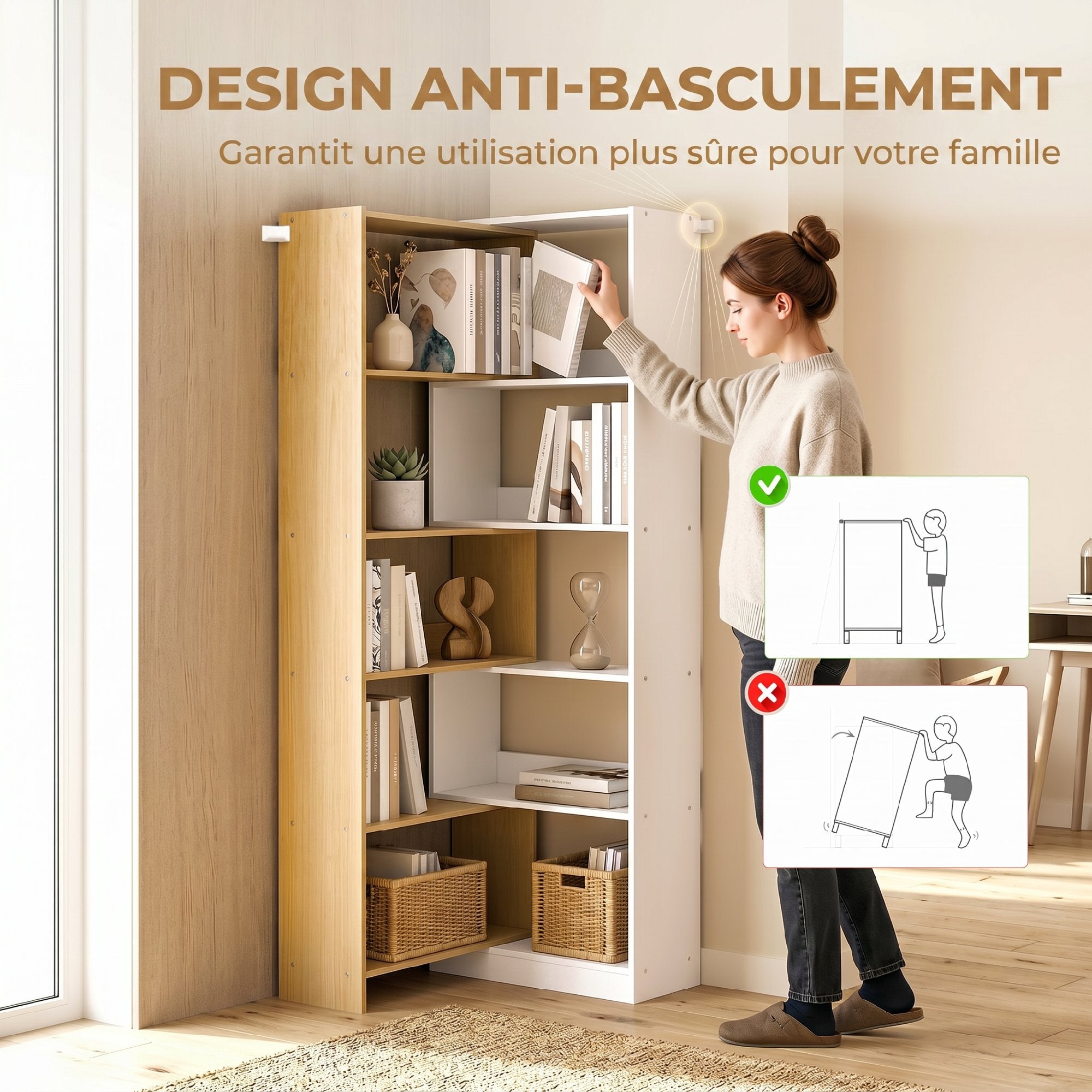 Bibliothèque d'angle rotative 350° à 5 niveaux, étagère de rangement extensible en forme L, 60-111x24x164cm, style moderne, meuble de rangement pour salon, bureau, petit espace, chêne et blanc