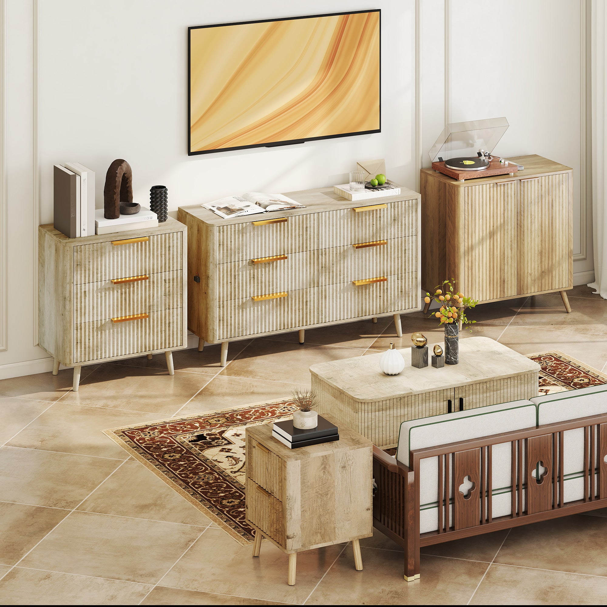 Commode 3 tiroirs meuble de rangement style scandinave avec poignées et pieds de pin, bois effet cannelé, commode chambre à coucher, salon, couloir - 68,3 x 40 x 76 cm, chêne
