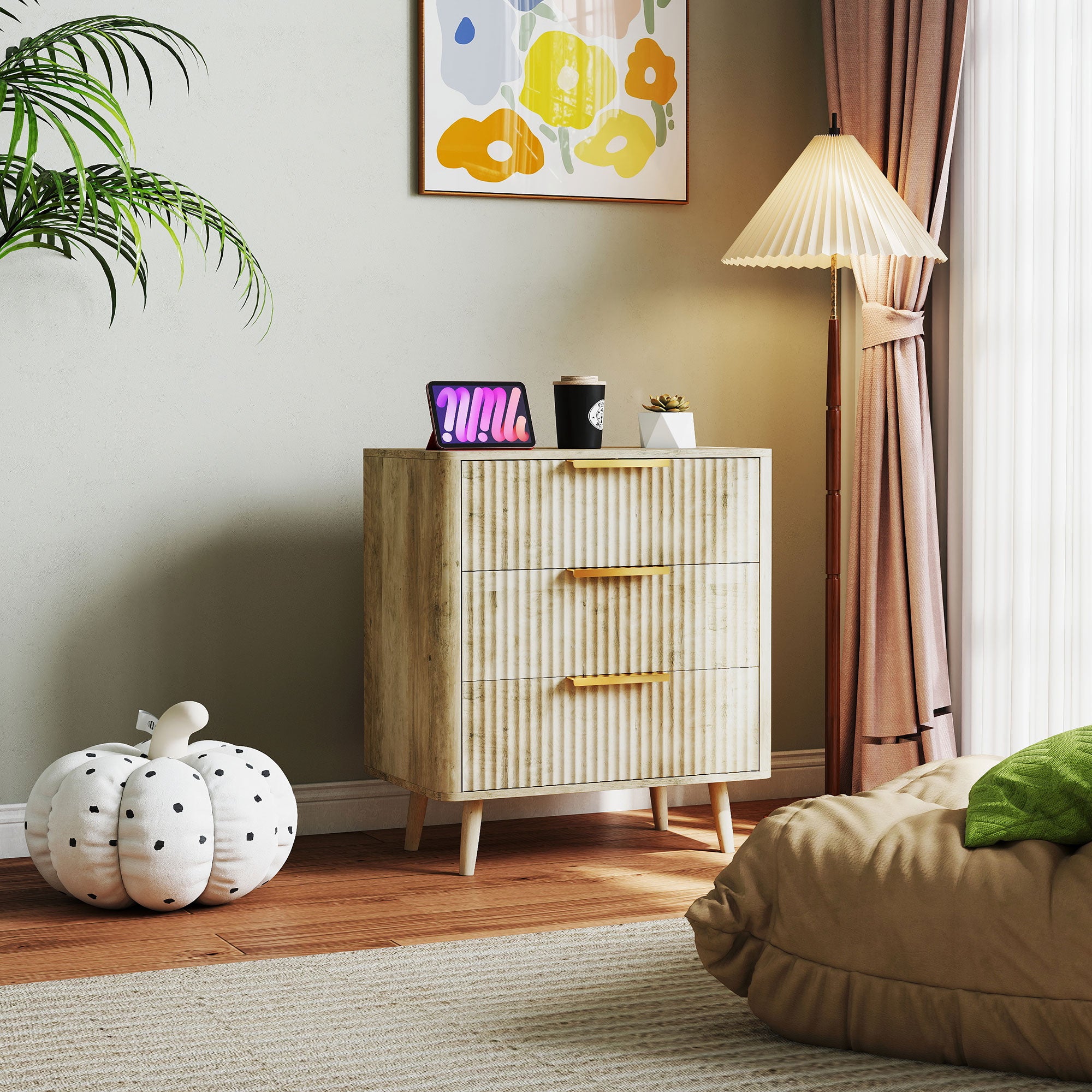 Commode 3 tiroirs meuble de rangement style scandinave avec poignées et pieds de pin, bois effet cannelé, commode chambre à coucher, salon, couloir - 68,3 x 40 x 76 cm, chêne