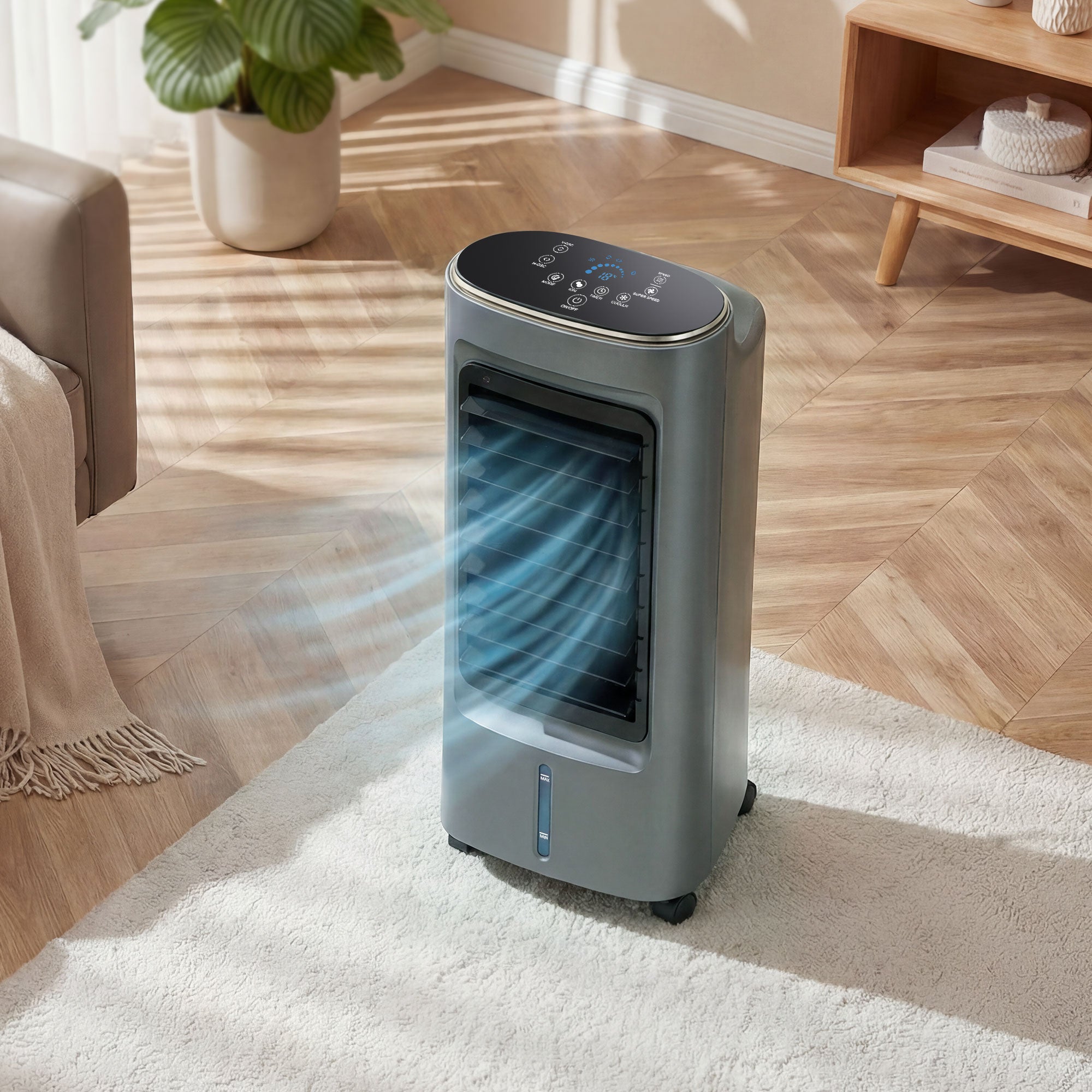 Refroidisseur d'air mobile 4 en 1 humidificateur, purificateur et ventilateur, oscillation 90°, 4 vitesses, 3 modes, réservoir d'eau 6L, packs de glace, télécommande, pour chambre bureau, gris