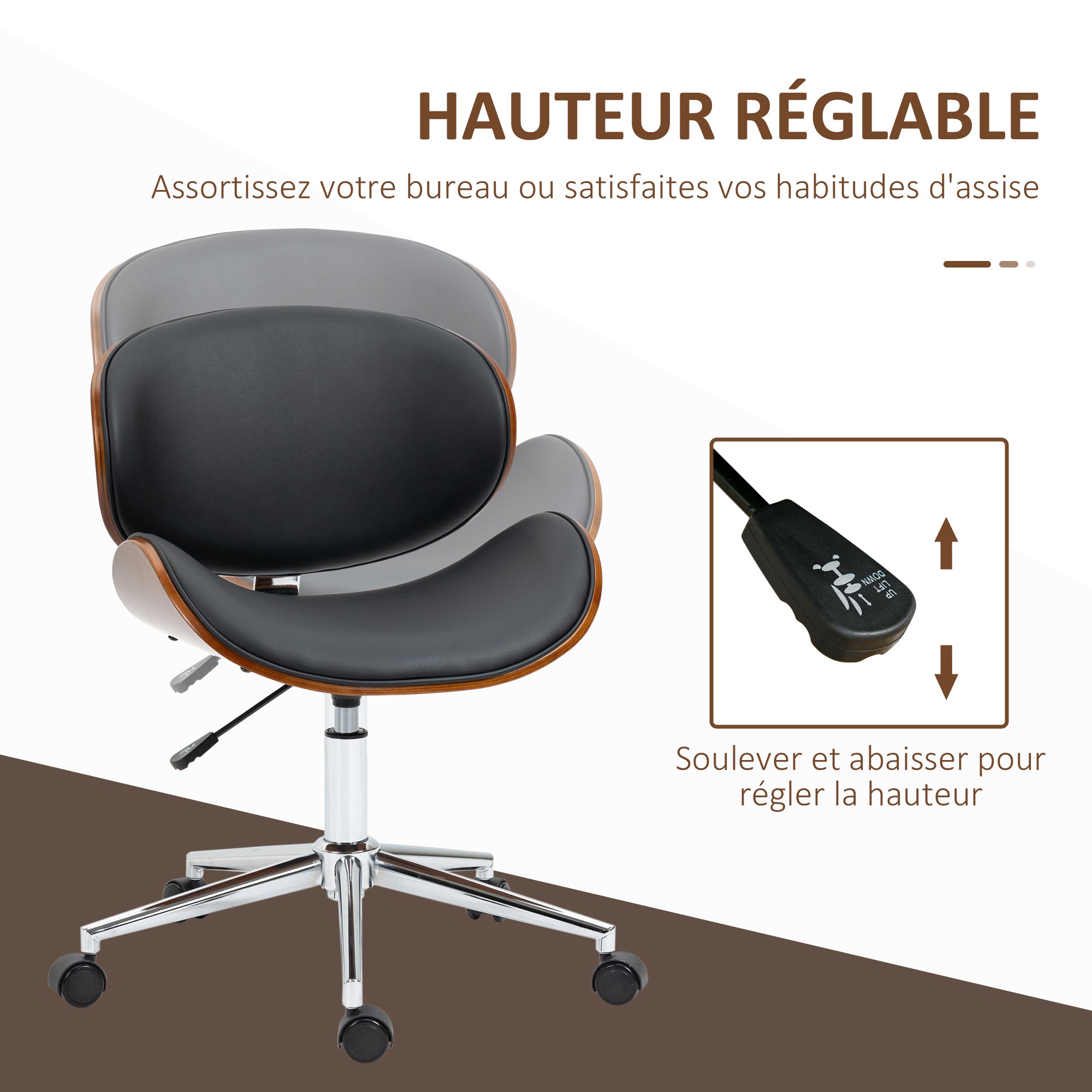 Chaise de bureau design vintage hauteur réglable siège pivotant 360° piètement chromé Bois peuplier revêtement synthétique 53L x 53P x 77-87H cm noir