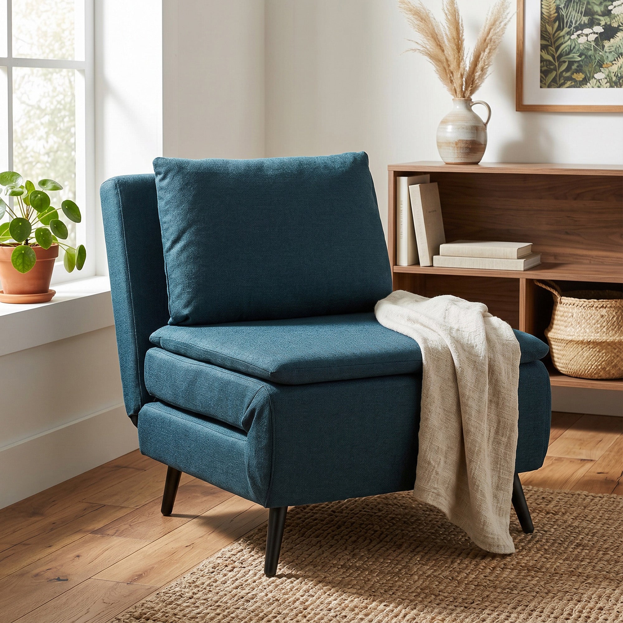 Fauteuil Convertible 1 Place, Fauteuil-Lit Clic-Clac 3 en 1 avec Dossier Réglable, Oreiller, Assise Large, Ressorts en S, Canapé-Lit Rembourré en Lin pour Invités, Salon, Bureau, Bleu