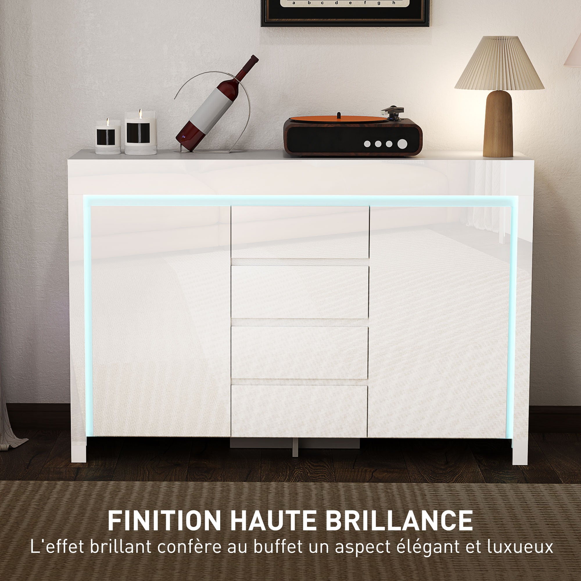 Buffet salon, meuble de rangement avec éclairage LED 4 tiroirs portes à fermeture douce et étagères réglables, style moderne, buffet salle à manger et cuisine, 120 x 34 x 80 cm, blanc brillant