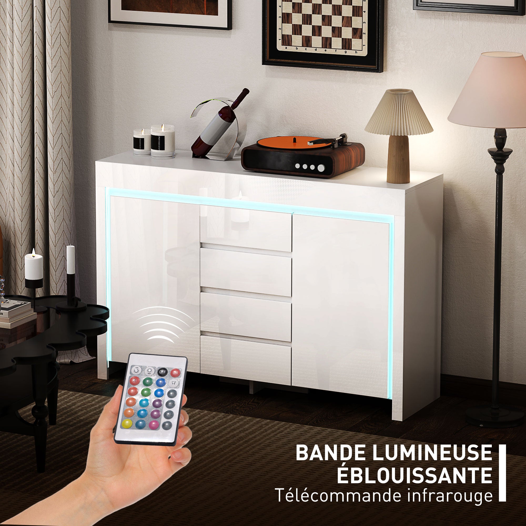 Buffet salon, meuble de rangement avec éclairage LED 4 tiroirs portes à fermeture douce et étagères réglables, style moderne, buffet salle à manger et cuisine, 120 x 34 x 80 cm, blanc brillant