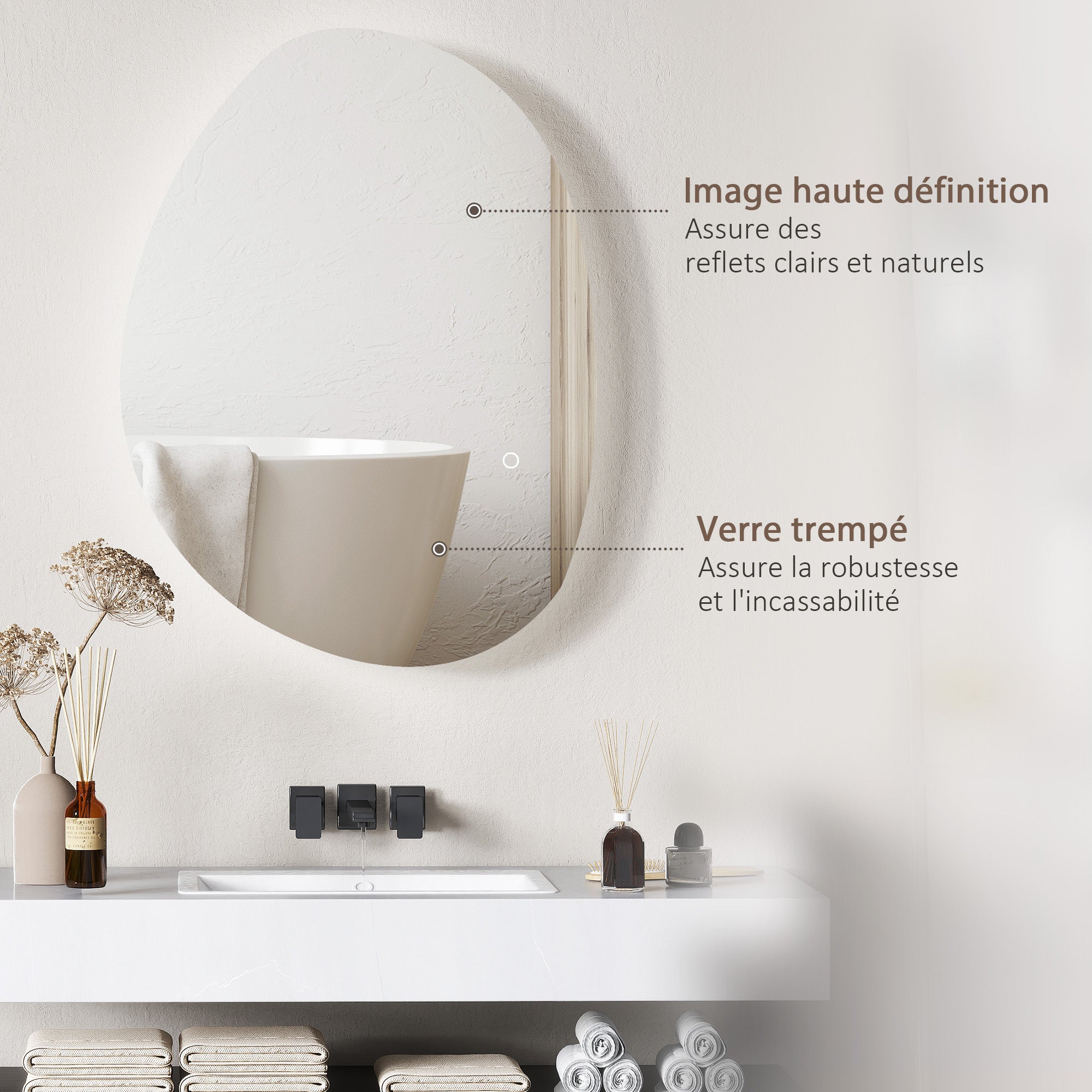 Miroir salle de bain 70 x 50 cm, miroir mural asymétrique, miroir salle de bain avec éclairage LED - interrupteur tactile, lumière réglable 3 couleurs, anti-buée, mémoire - argent