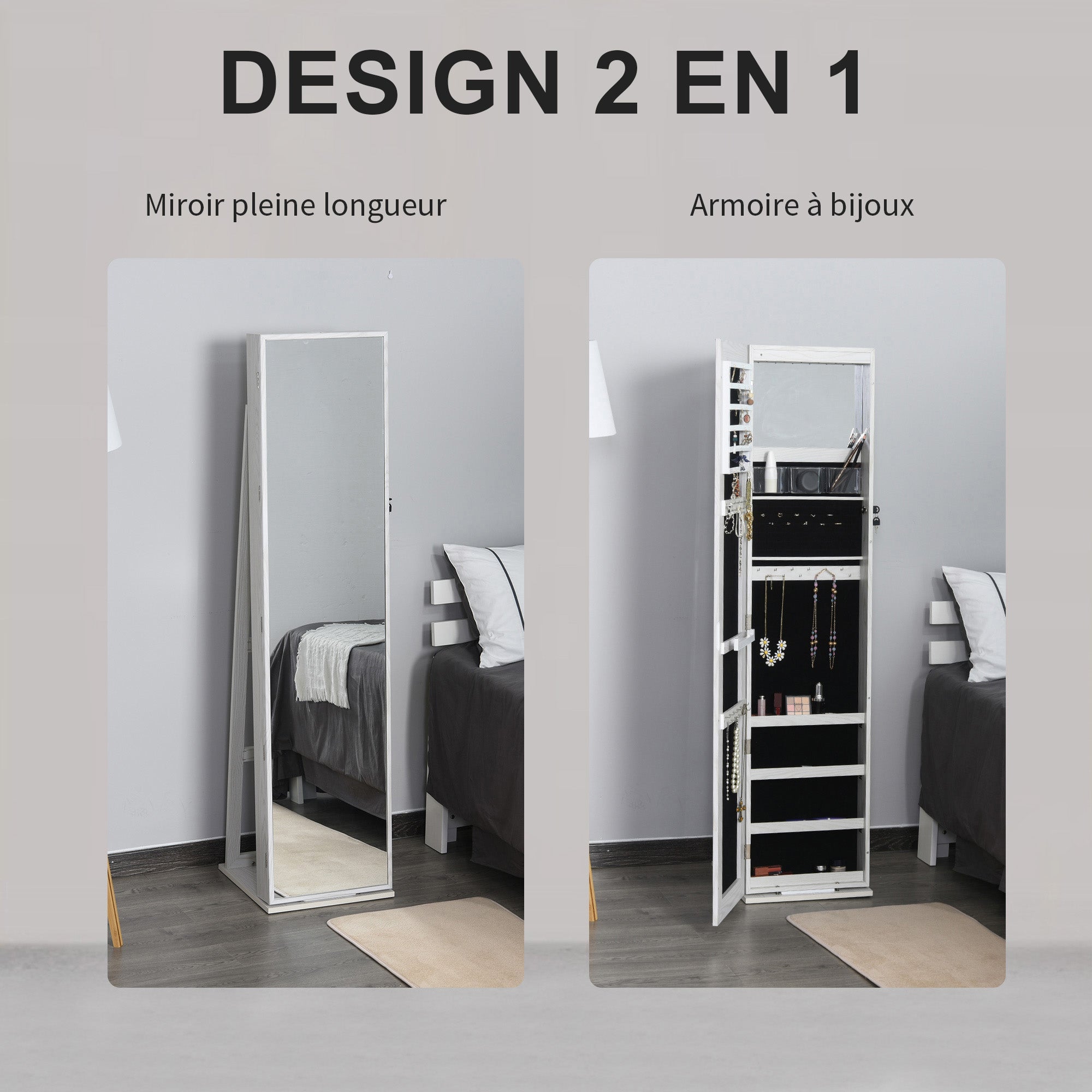 Armoire à Bijoux avec Miroir sur Pied Multi-rangements éclairage LED Blanc dim. 38L x 38l x H157 cm