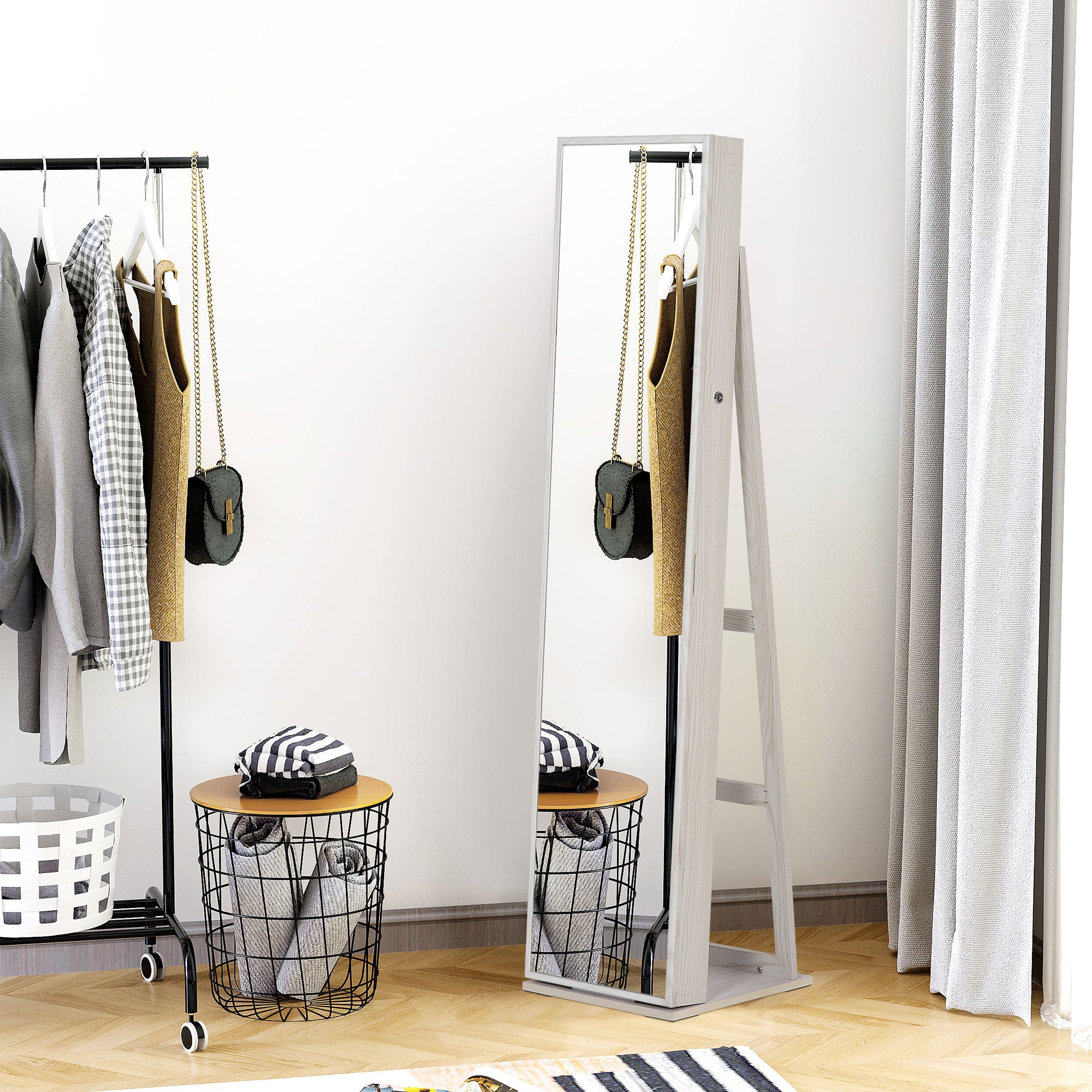 Armoire à Bijoux avec Miroir sur Pied Multi-rangements éclairage LED Blanc dim. 38L x 38l x H157 cm