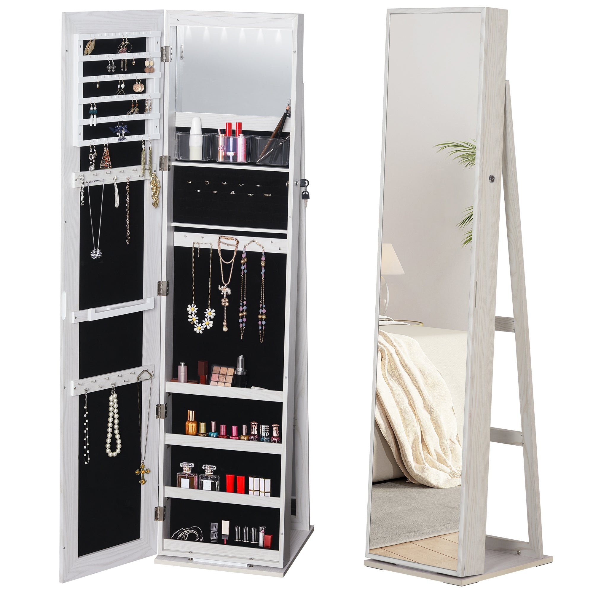 Armoire à Bijoux avec Miroir sur Pied Multi-rangements éclairage LED Blanc dim. 38L x 38l x H157 cm
