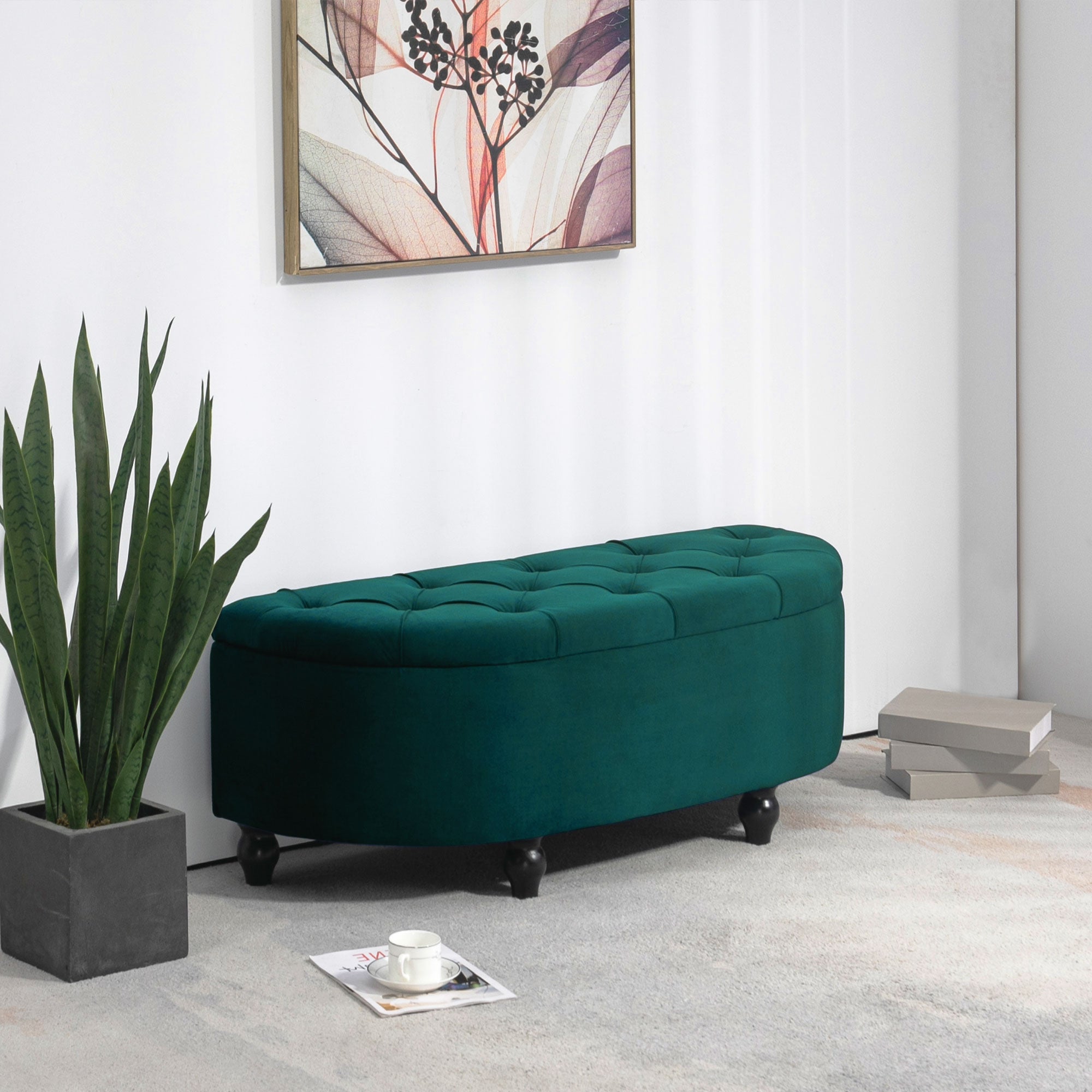 Banc de rangement, coffre de rangement design capitonné demi-cercle bout de lit avec revêtement velours, pieds en bois d'hévéa, pour salon, chambre, entrée, 120 x 46 x 42 cm, vert