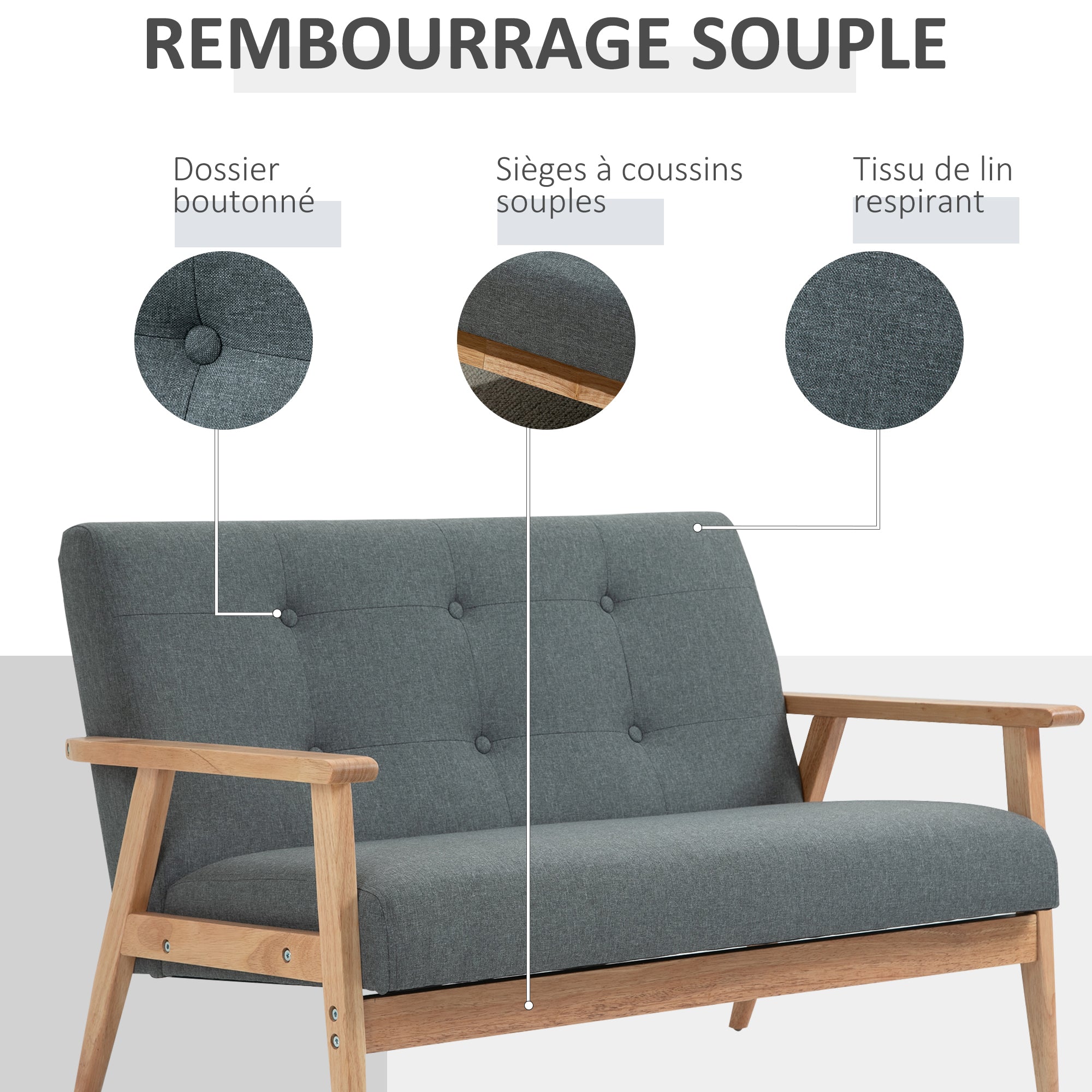 Canapé 2 places canapé en lin 115 cm style scandinave canapé de salon avec accoudoirs, pieds en bois, mini canapé chambre, appartement, petit espace, gris