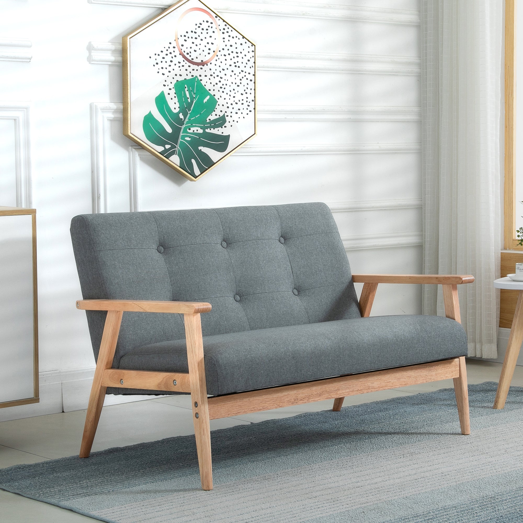 Canapé 2 places canapé en lin 115 cm style scandinave canapé de salon avec accoudoirs, pieds en bois, mini canapé chambre, appartement, petit espace, gris