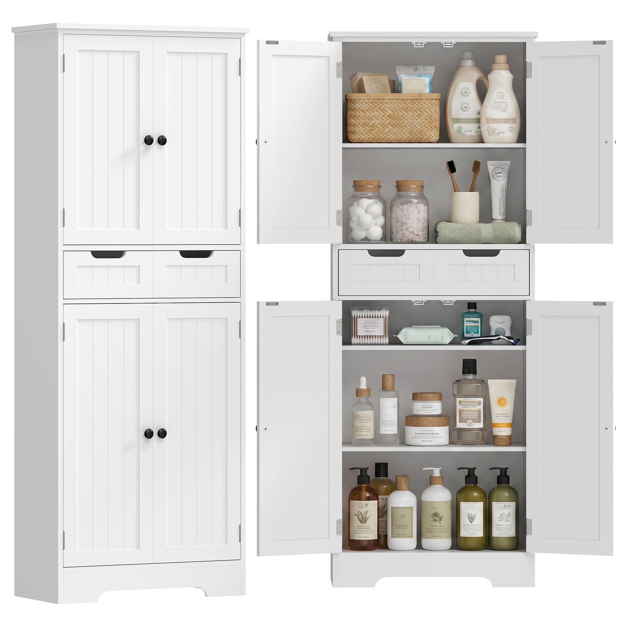 Meuble de salle de bain, meuble de rangement, colonne salle de bain avec tiroir et 4 portes, style moderne, pour salon, chambre, cuisine, 60 x 30 x 160 cm, blanc
