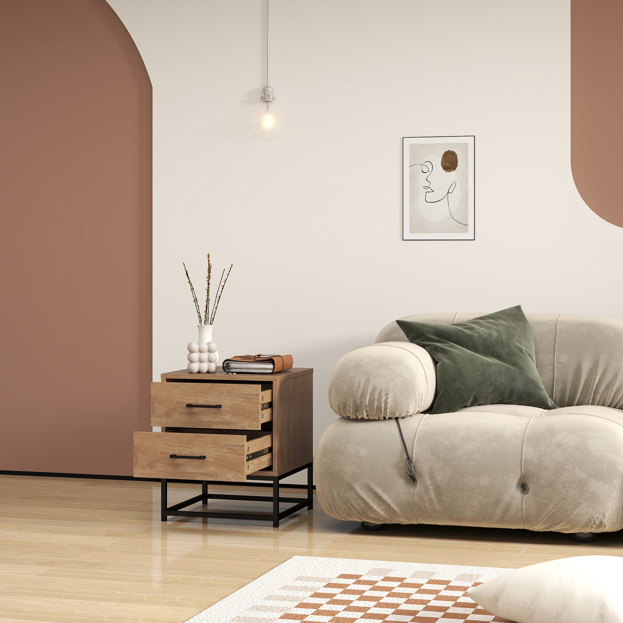 Lot de 2 tables de chevet table de nuit avec 2 tiroirs, table d'appoint style industriel pour chambre à coucher, salon, dim. 40 x 39,5 x 48 cm finition bois naturel