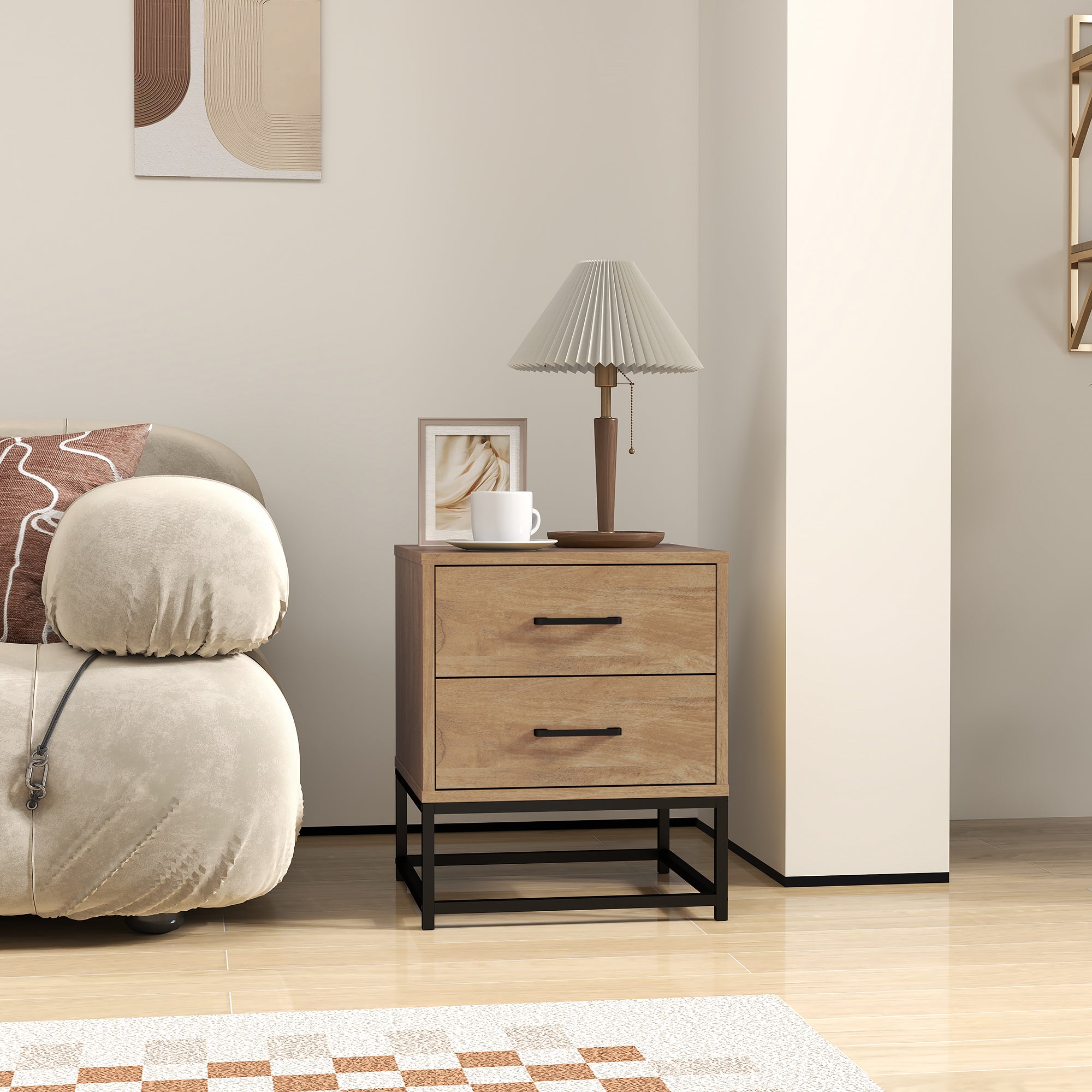 Lot de 2 tables de chevet table de nuit avec 2 tiroirs, table d'appoint style industriel pour chambre à coucher, salon, dim. 40 x 39,5 x 48 cm finition bois naturel