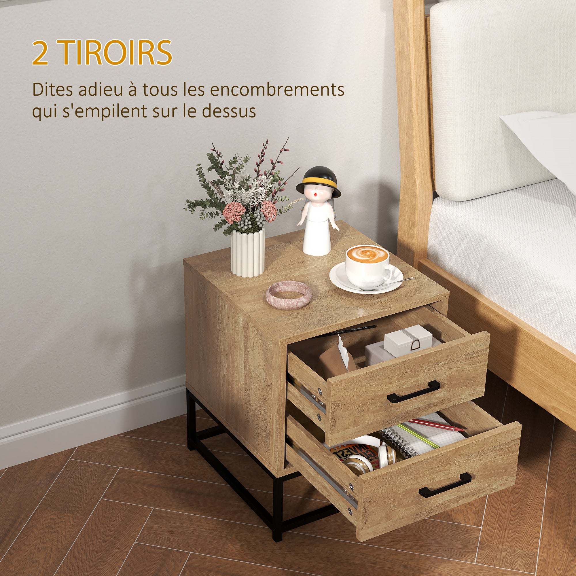 Lot de 2 tables de chevet table de nuit avec 2 tiroirs, table d'appoint style industriel pour chambre à coucher, salon, dim. 40 x 39,5 x 48 cm finition bois naturel