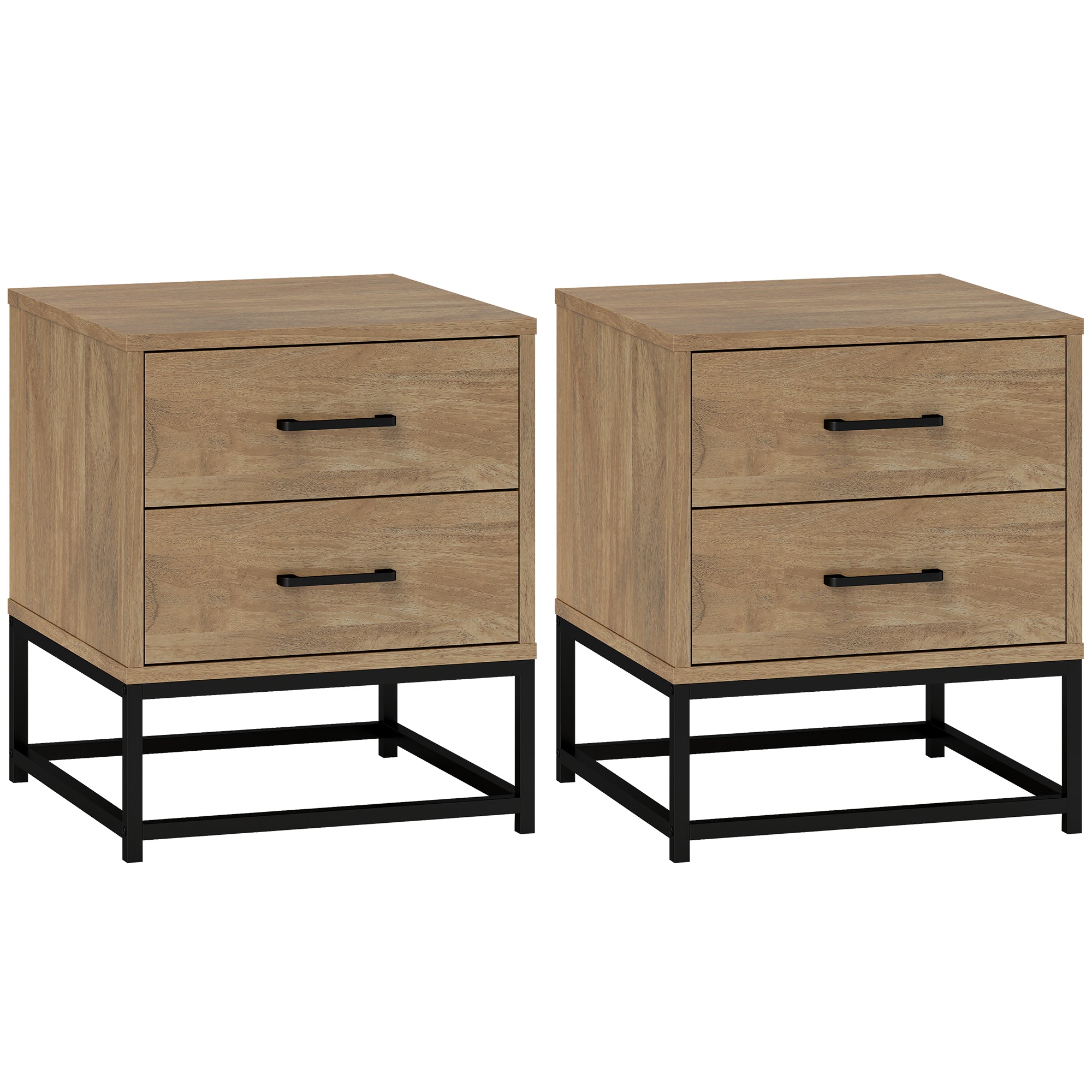 Lot de 2 tables de chevet table de nuit avec 2 tiroirs, table d'appoint style industriel pour chambre à coucher, salon, dim. 40 x 39,5 x 48 cm finition bois naturel