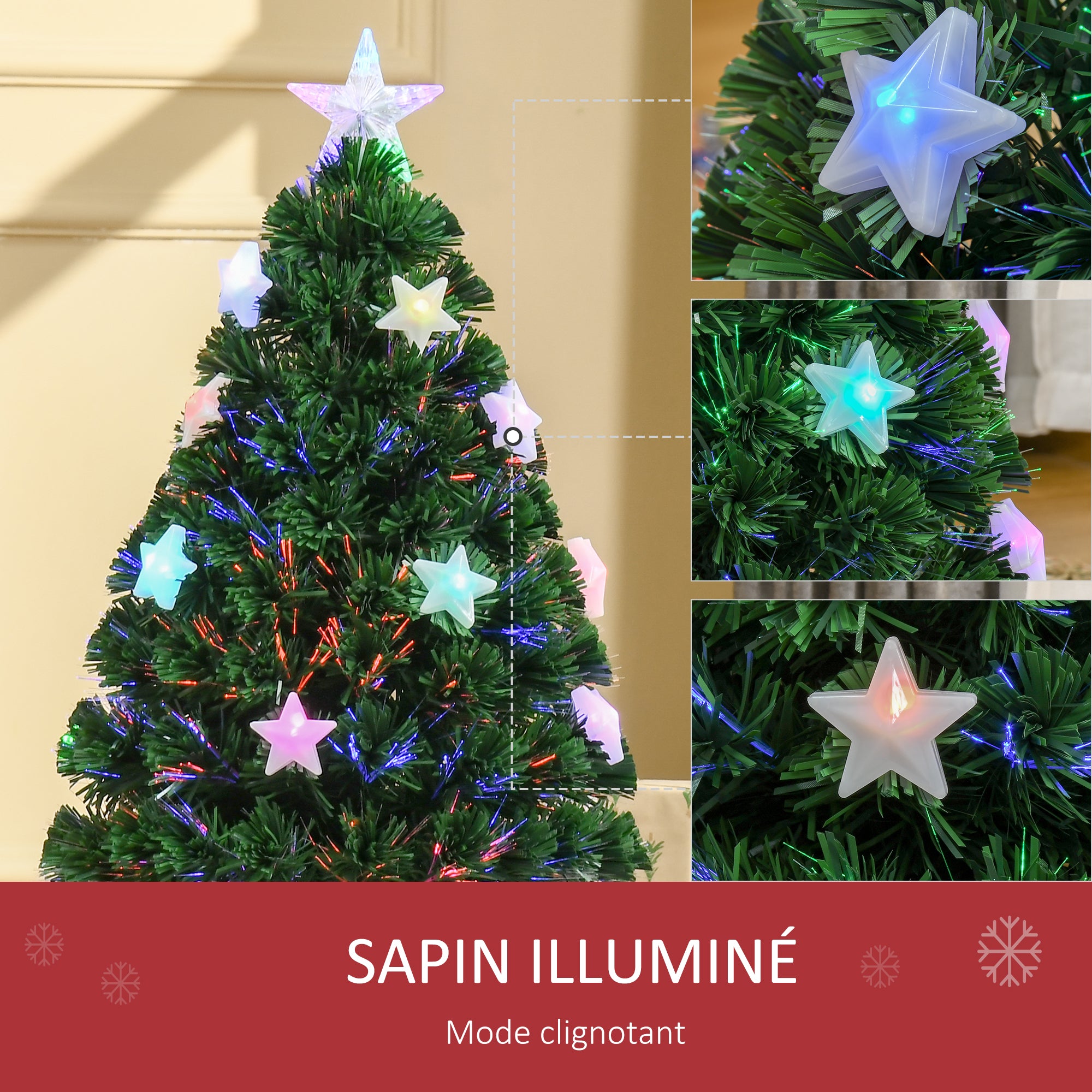Sapin de Noël Artificiel Lumineux 90H cm Fibre Optique LED Multicolore + Support Pied 90 Branches étoile Sommet Brillante Vert