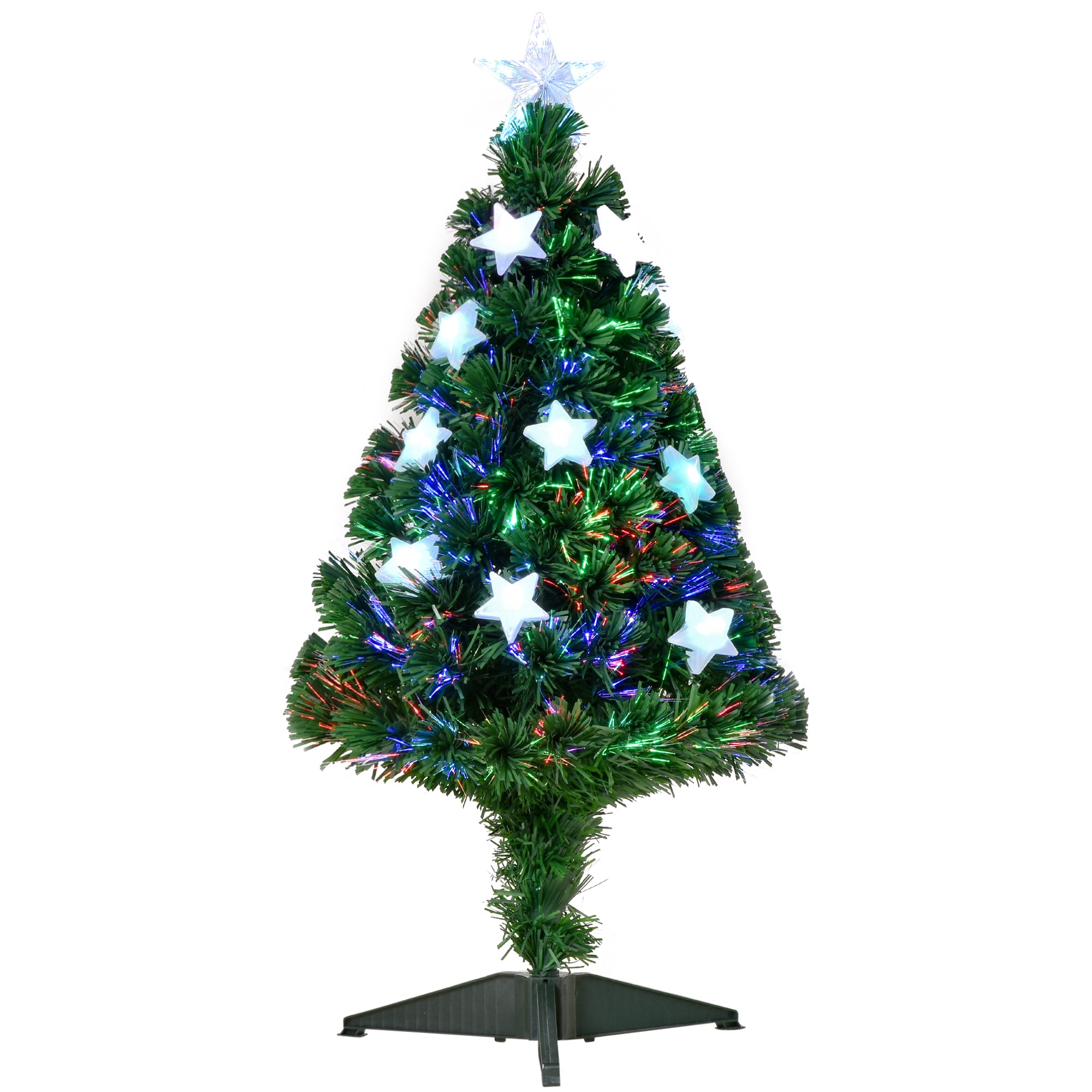 Sapin de Noël Artificiel Lumineux 90H cm Fibre Optique LED Multicolore + Support Pied 90 Branches étoile Sommet Brillante Vert