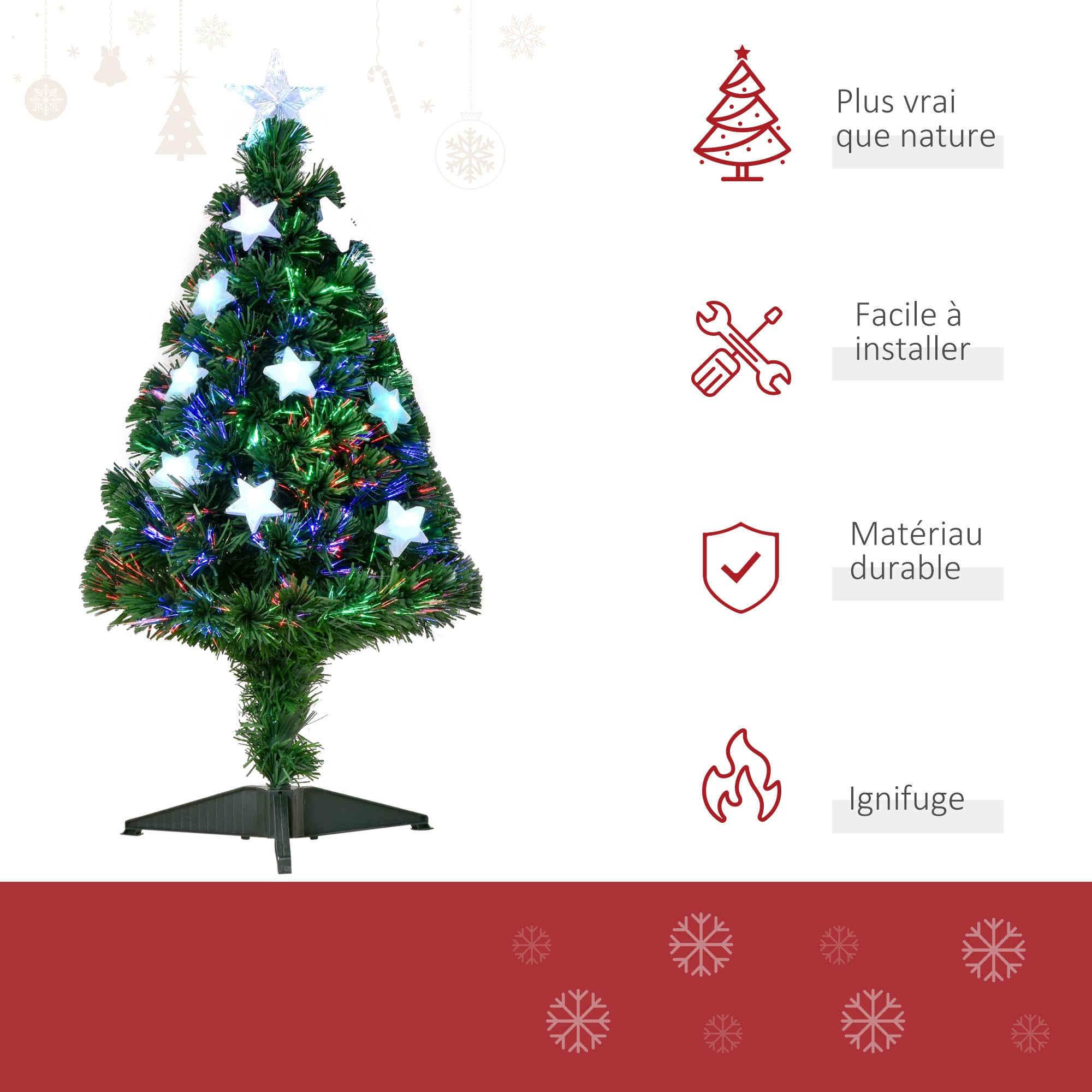 Sapin de Noël Artificiel Lumineux 90H cm Fibre Optique LED Multicolore + Support Pied 90 Branches étoile Sommet Brillante Vert