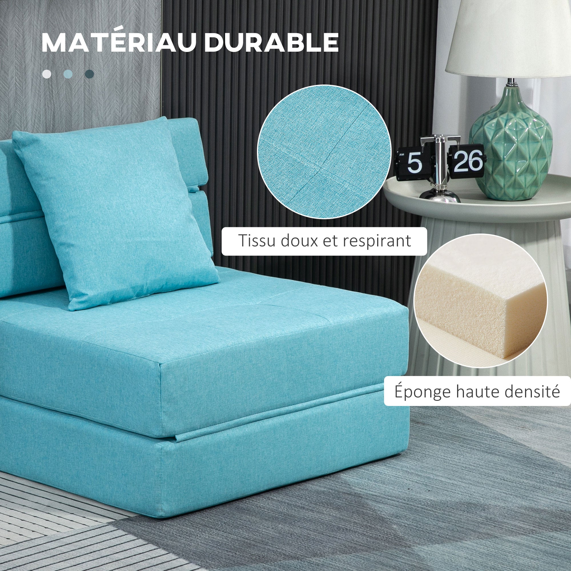 Fauteuil convertible 1 place fauteuil lit chauffeuse 1 place - coussin déhoussable inclus - chaise de sol pour invités, salon, charge 120 kg, bleu