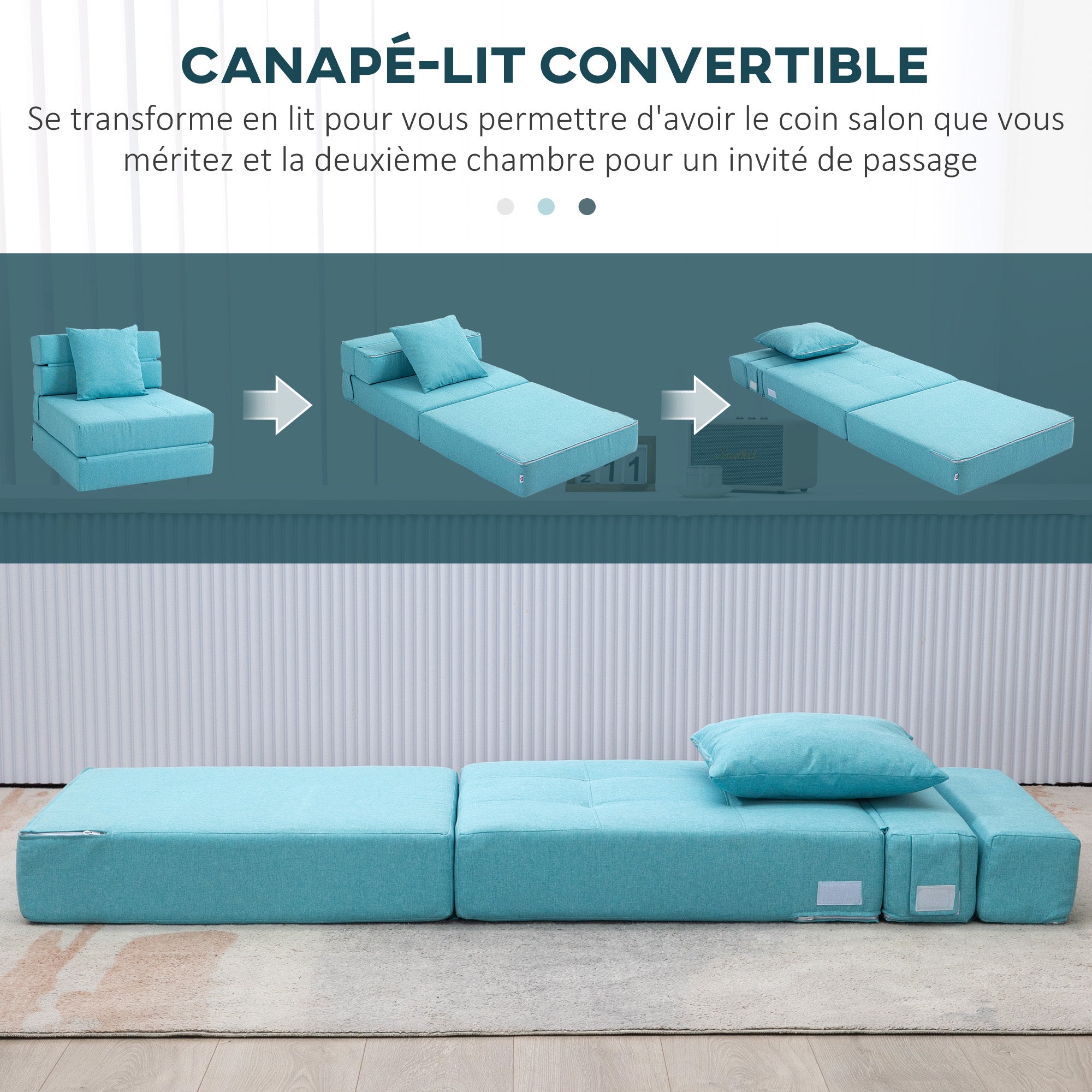 Fauteuil convertible 1 place fauteuil lit chauffeuse 1 place - coussin déhoussable inclus - chaise de sol pour invités, salon, charge 120 kg, bleu