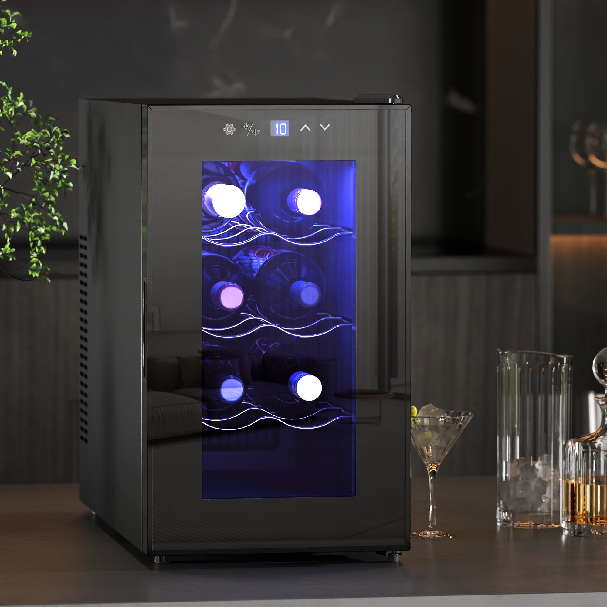 Cave à Vin 8 Bouteilles 21L, Réfrigérateur à Vin et Boissons avec Température Réglable 8-18°C, Porte en Verre Trempé Anti-UV, Étagères Ajustables, Écran Tactile, Éclairage LED, Noir