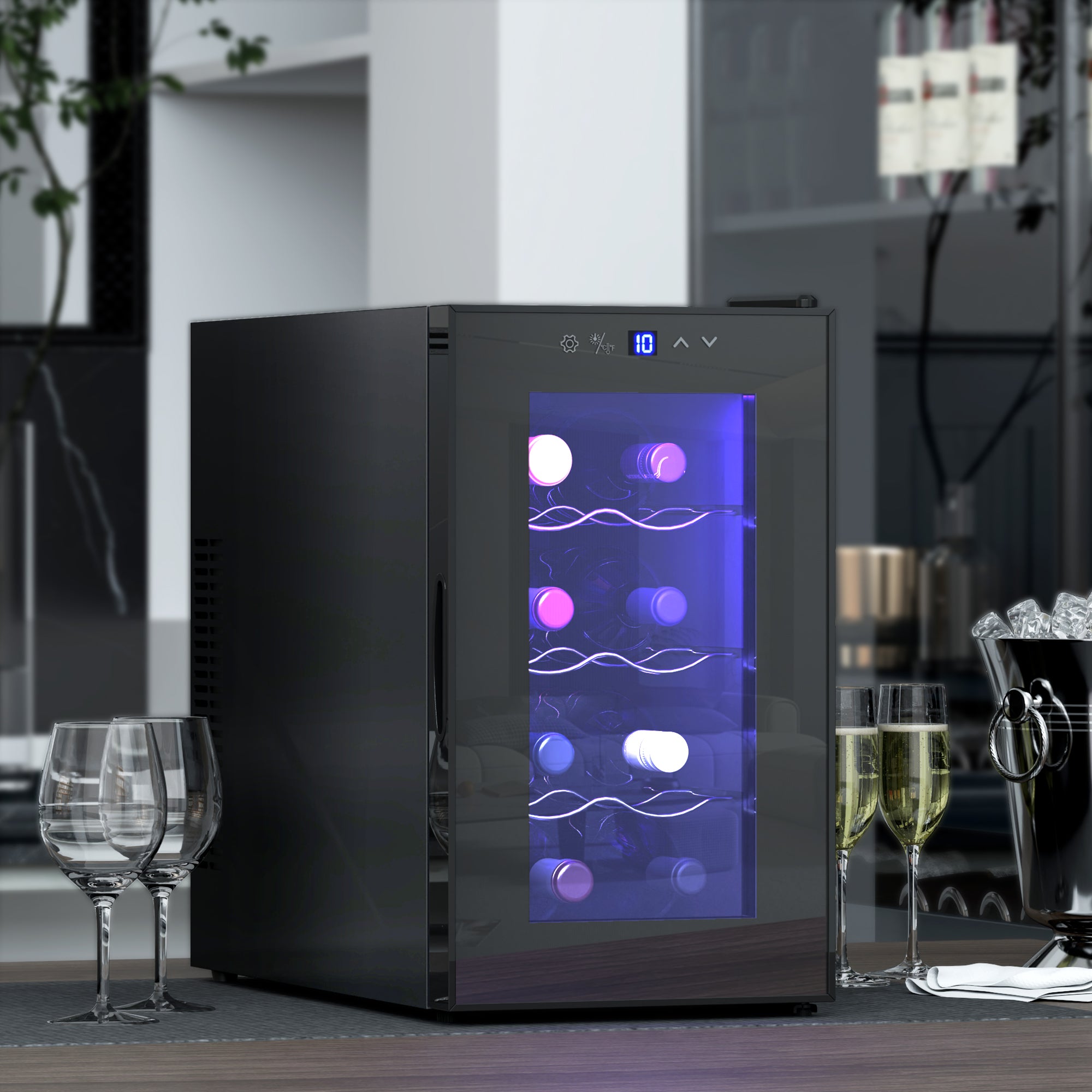Cave à Vin 8 Bouteilles 21L, Réfrigérateur à Vin et Boissons avec Température Réglable 8-18°C, Porte en Verre Trempé Anti-UV, Étagères Ajustables, Écran Tactile, Éclairage LED, Noir