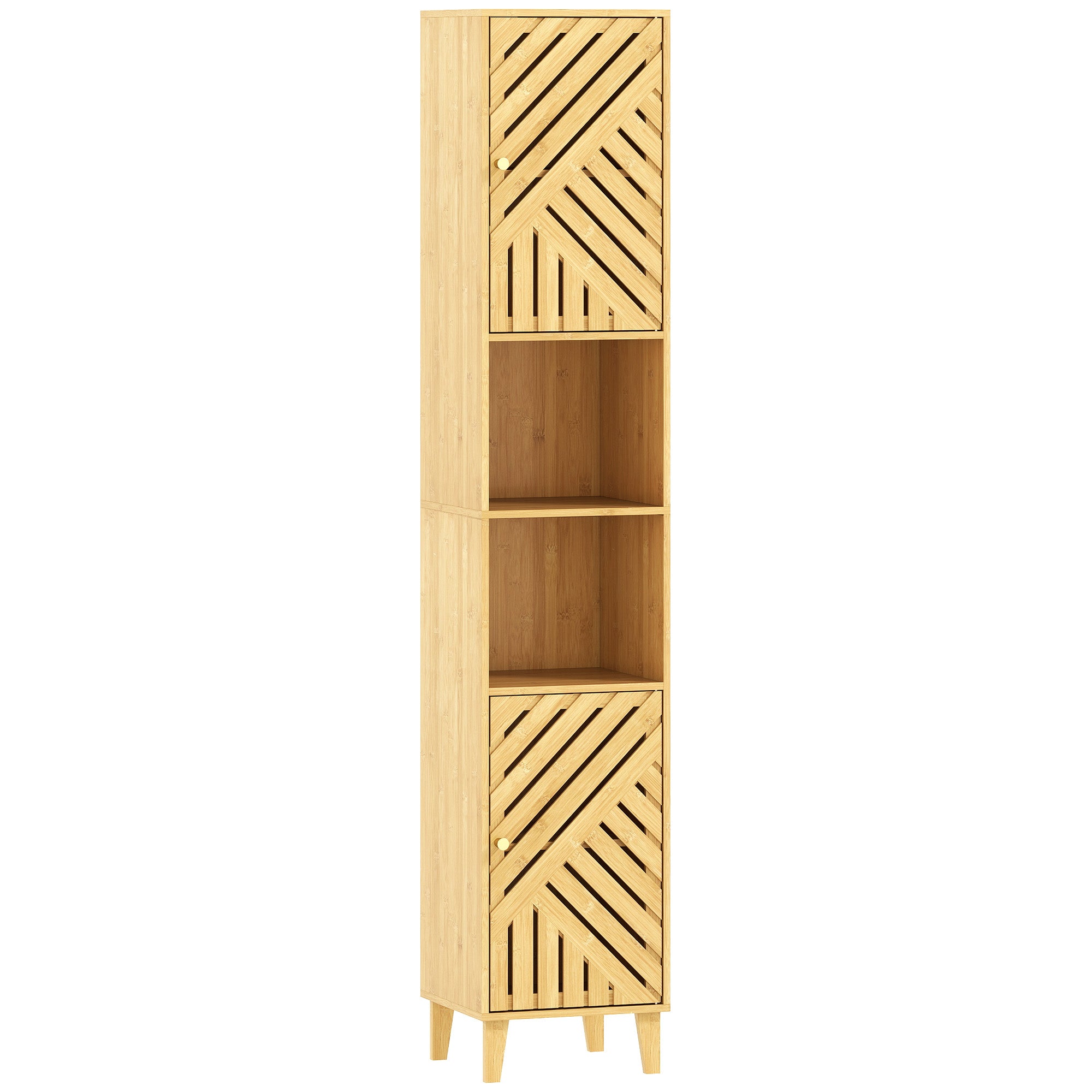 Armoire salle de bain haute, meuble de rangement colonne, portes et pieds en bambou, niches ouvertes, étagères réglables, meuble étroit pour toilette, petits espaces, 32x30x170cm, bois naturel