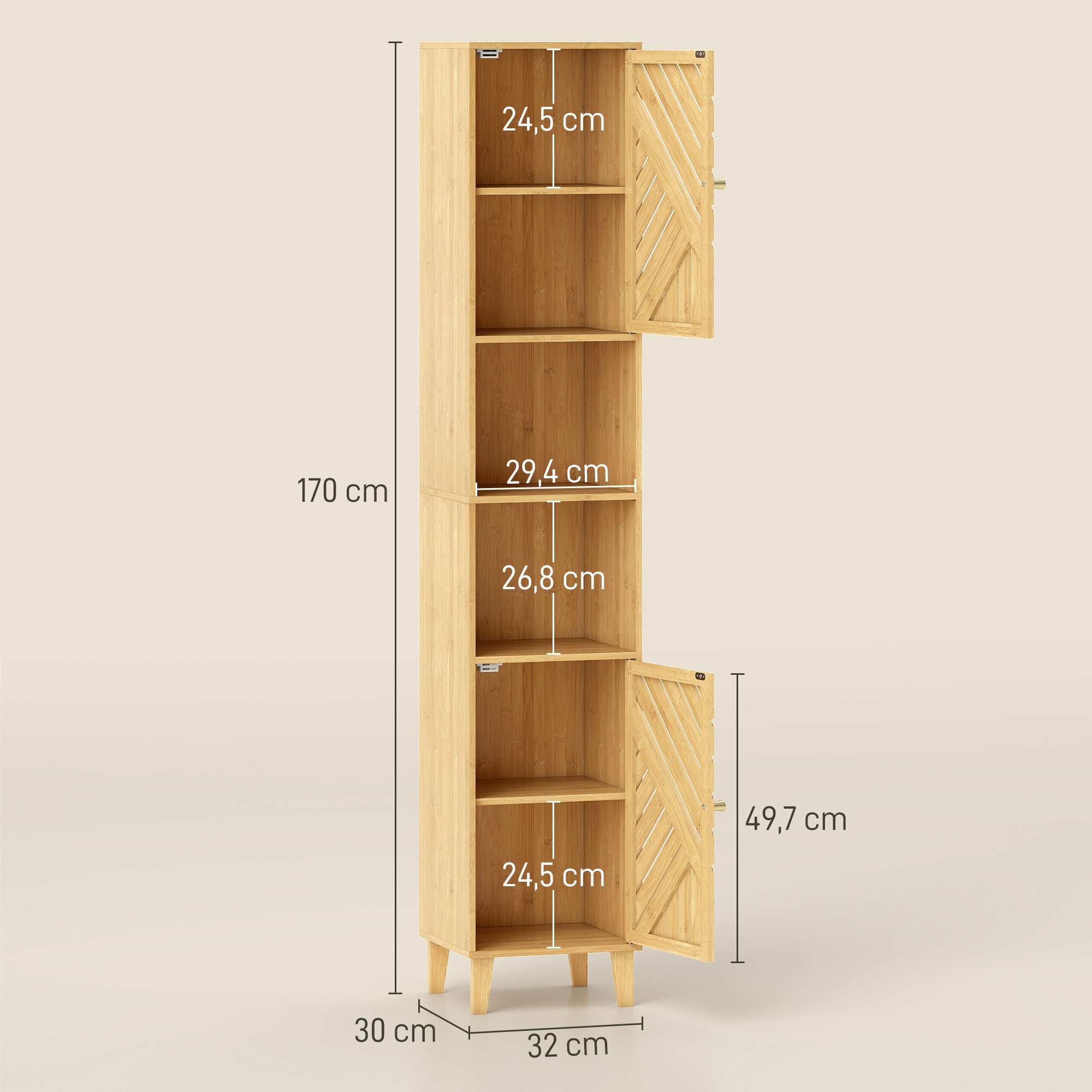 Armoire salle de bain haute, meuble de rangement colonne, portes et pieds en bambou, niches ouvertes, étagères réglables, meuble étroit pour toilette, petits espaces, 32x30x170cm, bois naturel
