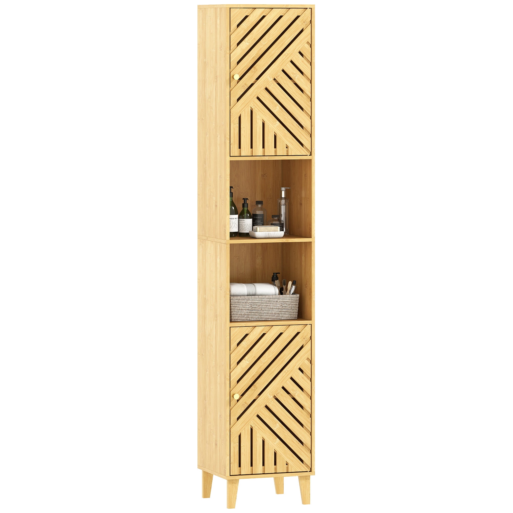 Armoire salle de bain haute, meuble de rangement colonne, portes et pieds en bambou, niches ouvertes, étagères réglables, meuble étroit pour toilette, petits espaces, 32x30x170cm, bois naturel