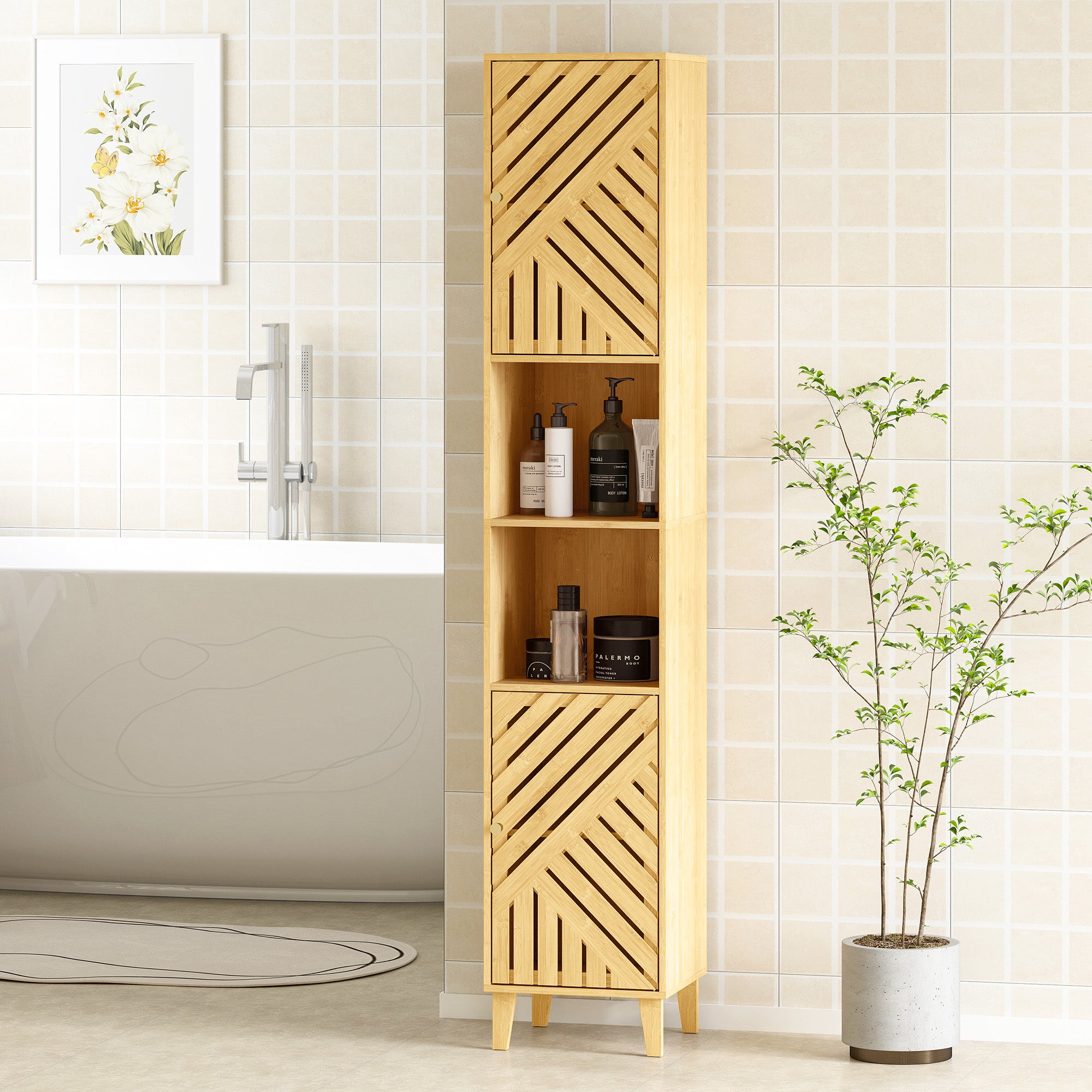 Armoire salle de bain haute, meuble de rangement colonne, portes et pieds en bambou, niches ouvertes, étagères réglables, meuble étroit pour toilette, petits espaces, 32x30x170cm, bois naturel