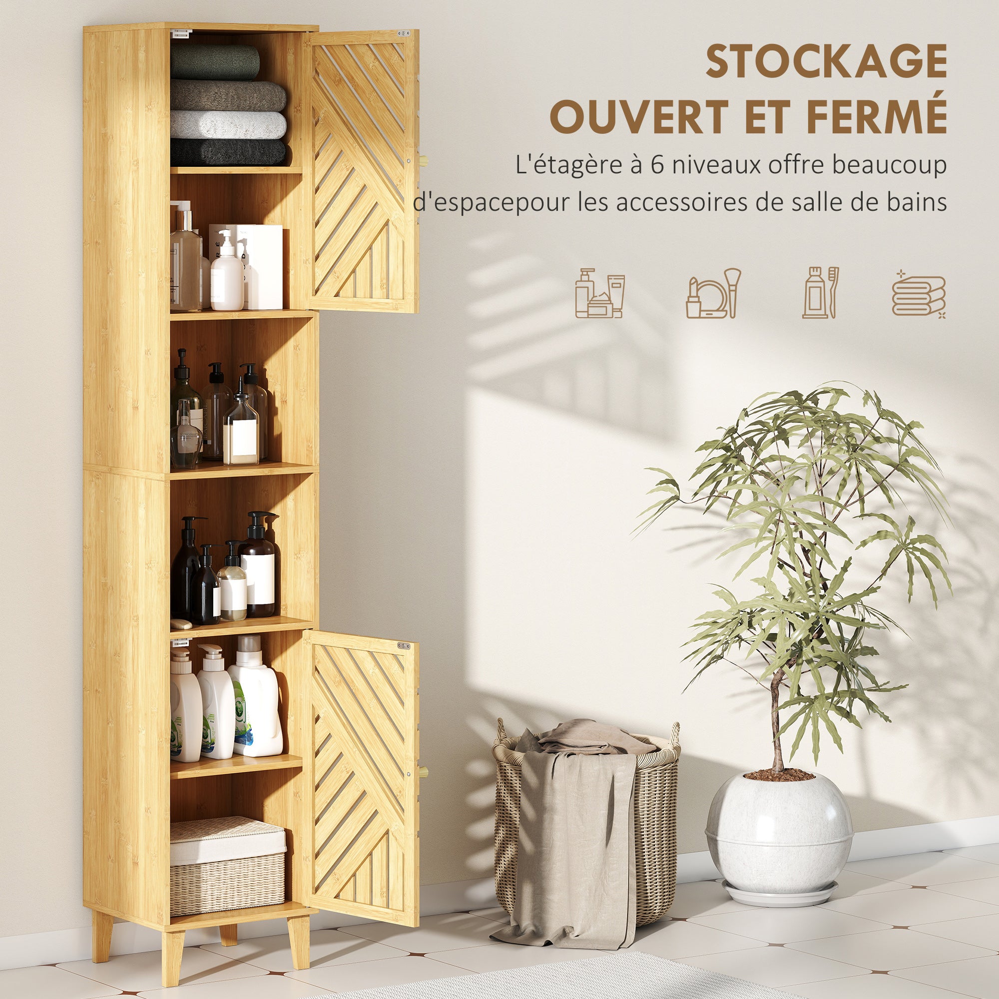 Armoire salle de bain haute, meuble de rangement colonne, portes et pieds en bambou, niches ouvertes, étagères réglables, meuble étroit pour toilette, petits espaces, 32x30x170cm, bois naturel