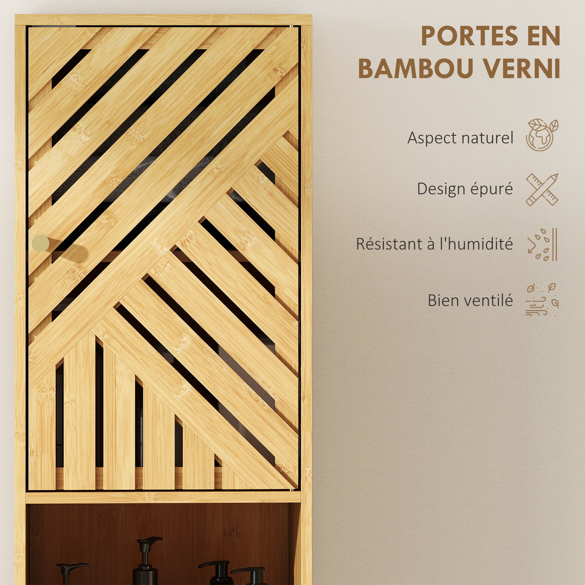 Armoire salle de bain haute, meuble de rangement colonne, portes et pieds en bambou, niches ouvertes, étagères réglables, meuble étroit pour toilette, petits espaces, 32x30x170cm, bois naturel