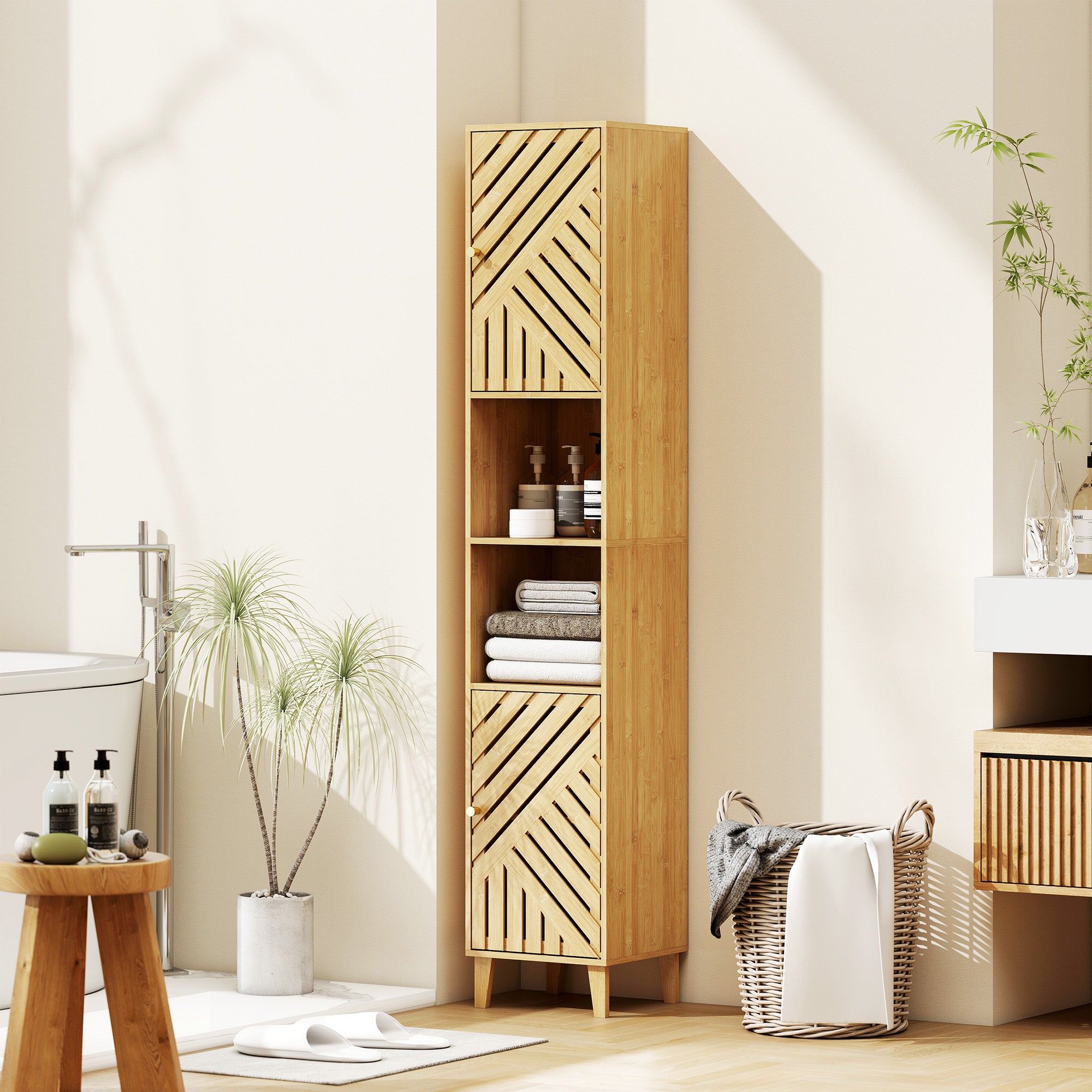 Armoire salle de bain haute, meuble de rangement colonne, portes et pieds en bambou, niches ouvertes, étagères réglables, meuble étroit pour toilette, petits espaces, 32x30x170cm, bois naturel