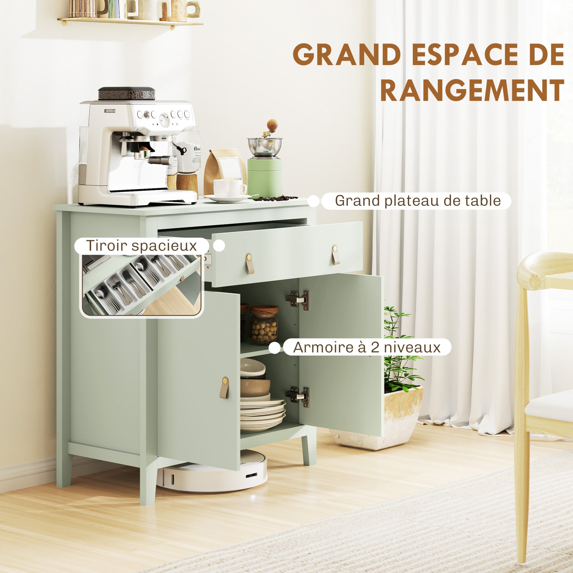 Buffet salon, meuble de rangement avec tiroir, double porte, étagère réglable, poignées en PU, style moderne, buffet salle à manger et cuisine, 80 x 40 x 90 cm, vert clair