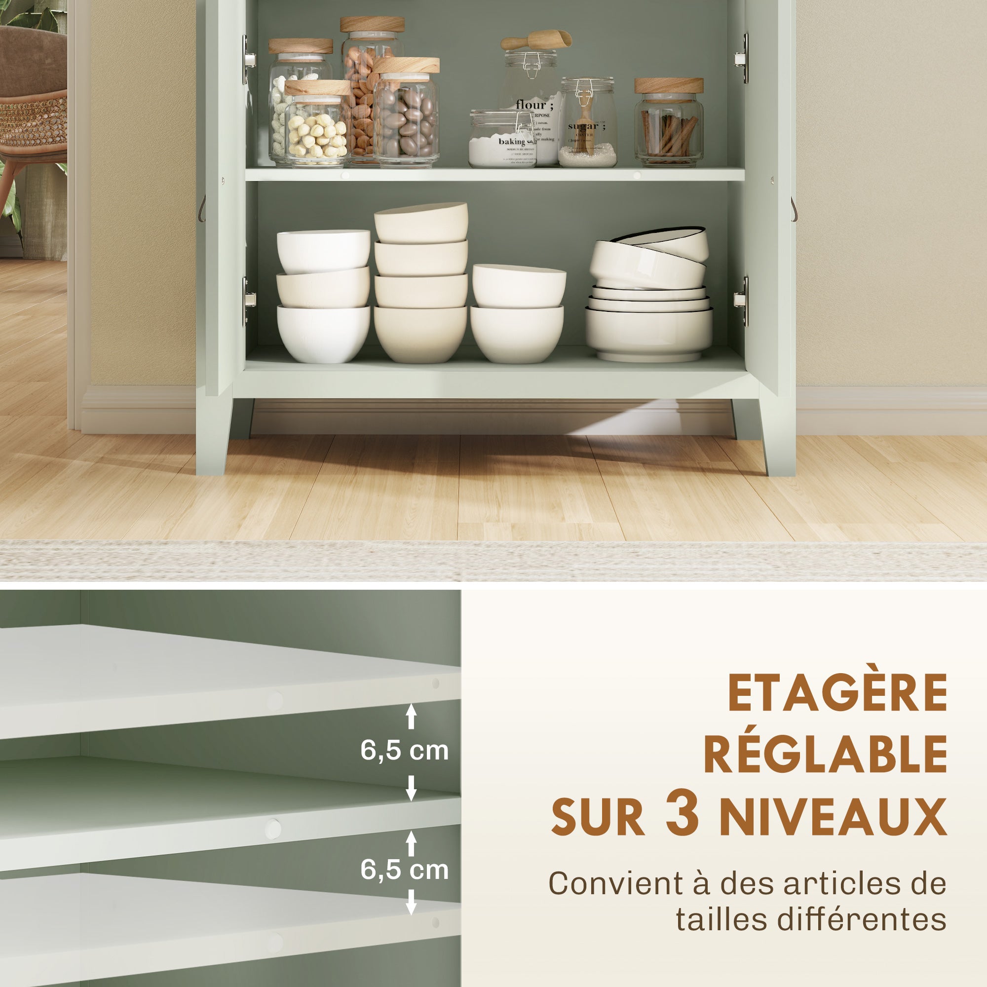Buffet salon, meuble de rangement avec tiroir, double porte, étagère réglable, poignées en PU, style moderne, buffet salle à manger et cuisine, 80 x 40 x 90 cm, vert clair