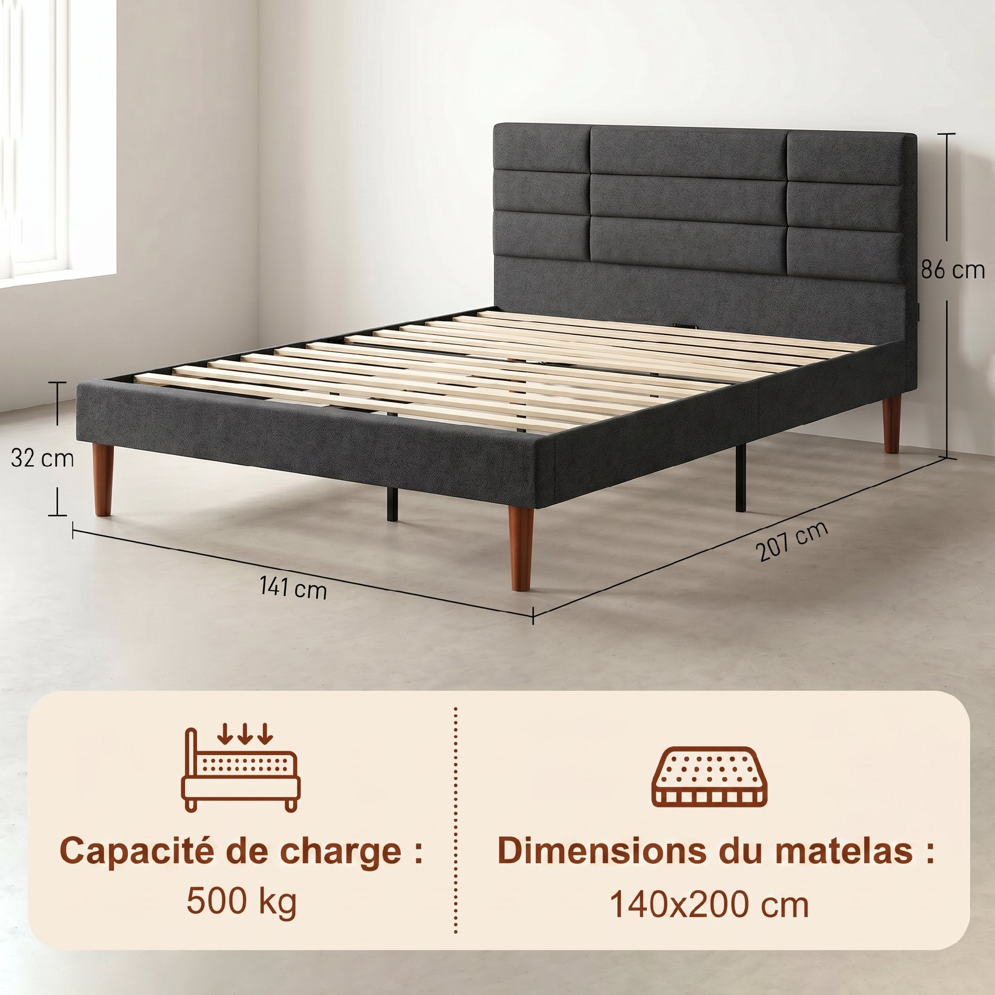 Cadre de Lit 140 x 200 cm avec Sommier Bois, Lit Double Rembourré en Effet Lin, 9 Pieds Robustes Supporte 500 KG, Tête de Lit Quadrillé, Rangement au-dessous, Sans Bruit, Montage Facile, Gris