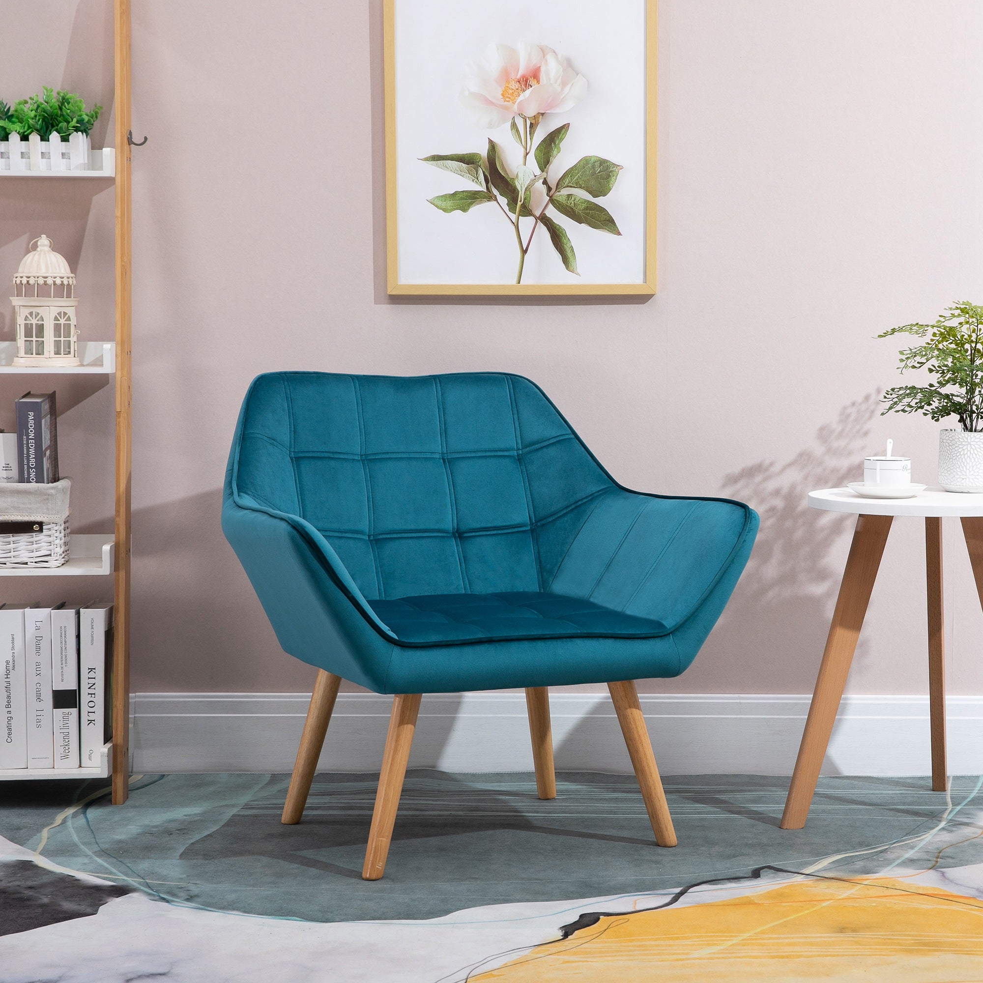 Fauteuil salon chaise coiffeuse fauteuil scandinave avec dossier haut et accoudoir rembourré - avec pied en bois, revêtement en effet velours, 67 x 61,5 x 71 cm, bleu