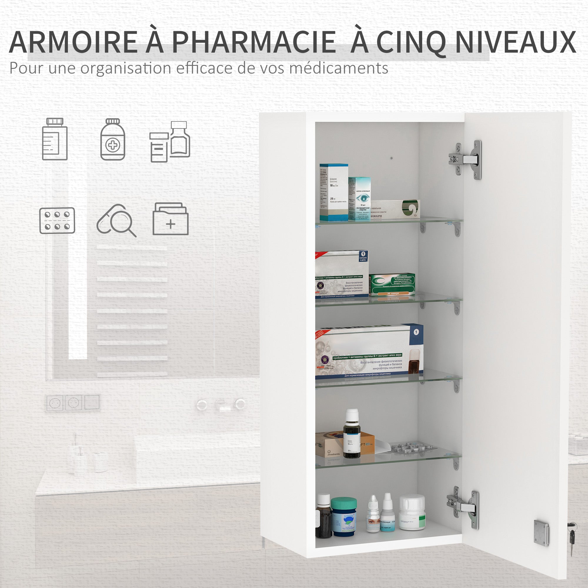 Armoire à pharmacie murale avec serrure, 5 étagères et tablettes réglables, bois et verre, blanc, 30x20x70cm