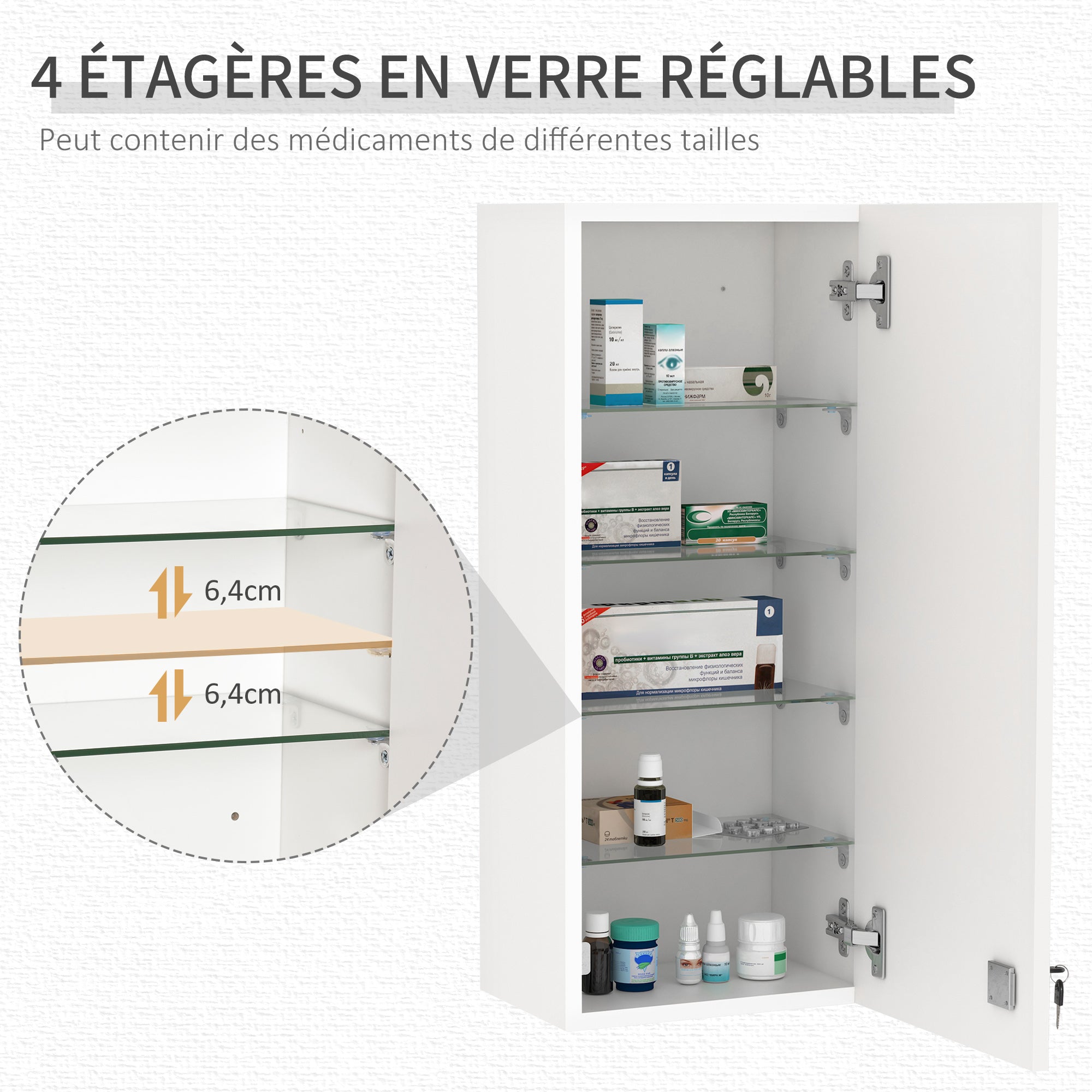 Armoire à pharmacie murale avec serrure, 5 étagères et tablettes réglables, bois et verre, blanc, 30x20x70cm