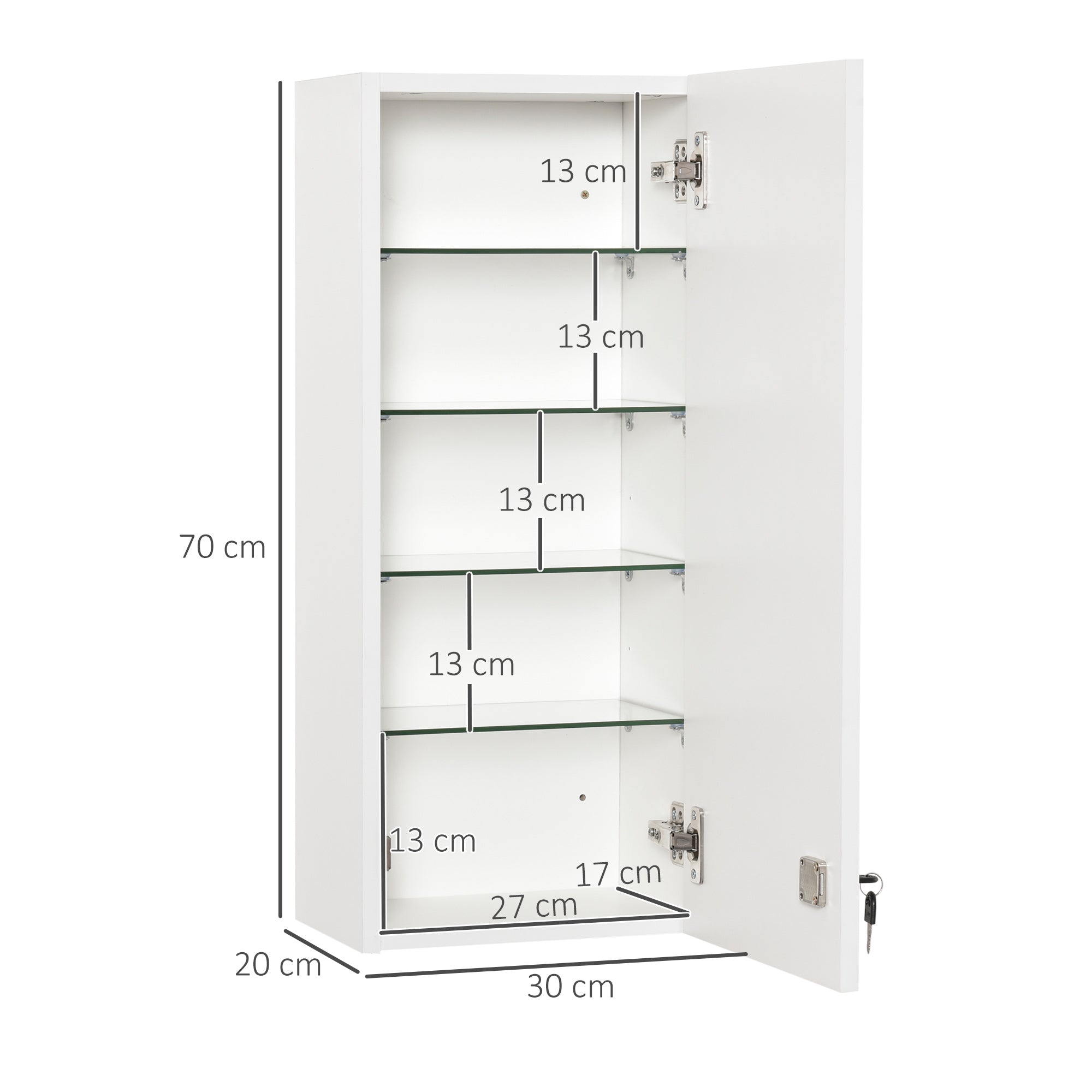 Armoire à pharmacie murale avec serrure, 5 étagères et tablettes réglables, bois et verre, blanc, 30x20x70cm