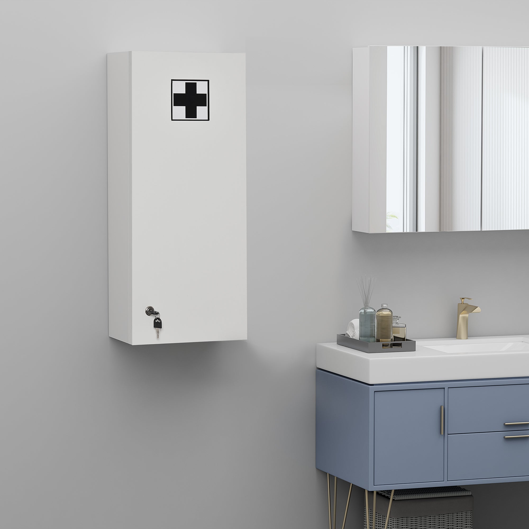 Armoire à pharmacie murale avec serrure, 5 étagères et tablettes réglables, bois et verre, blanc, 30x20x70cm