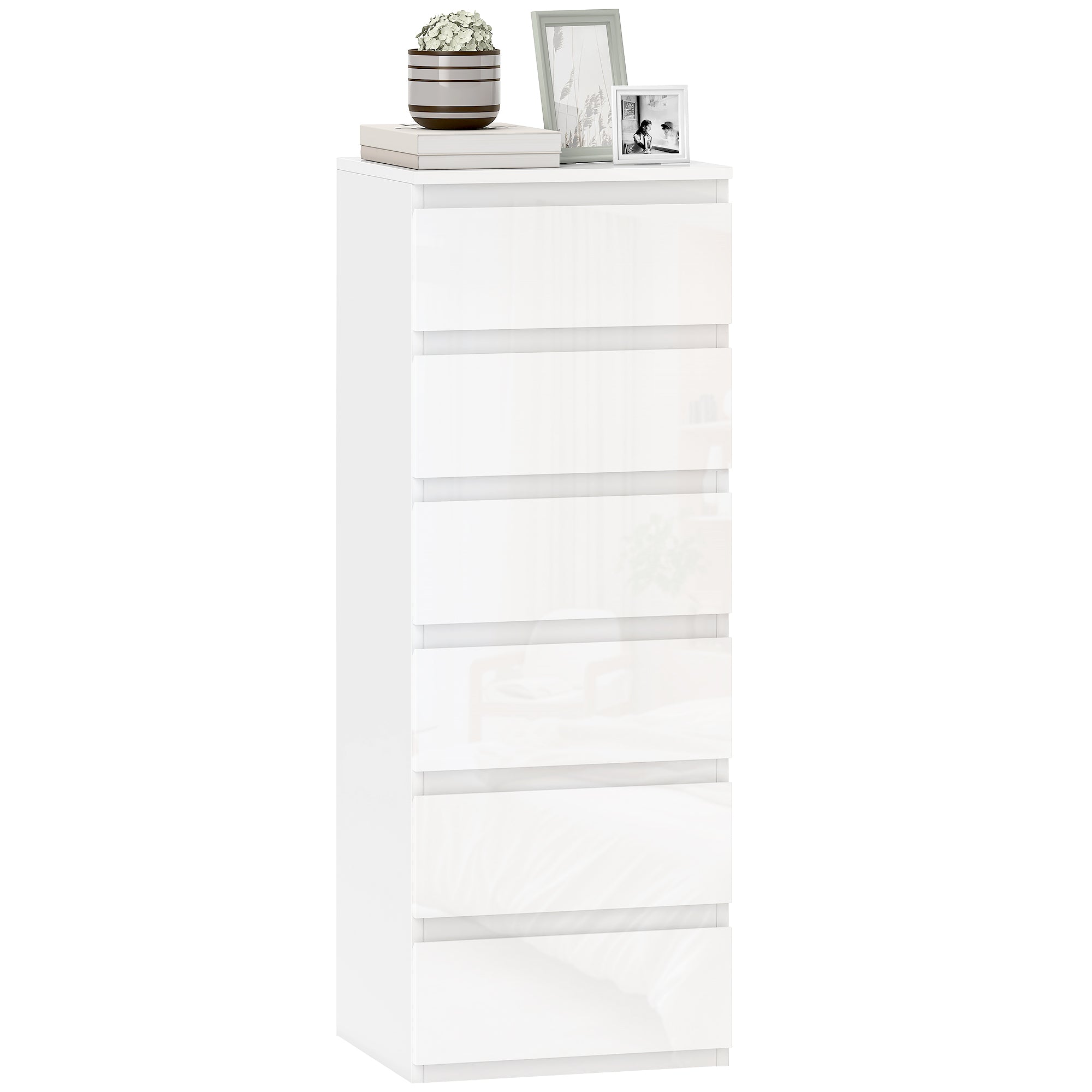 Commode 6 tiroirs à haute brillance, meuble de rangement étroit sans poignées, chiffonnier, style moderne, commode pour chambre à coucher, salon, couloir, 40 x 35 x 109 cm, blanc