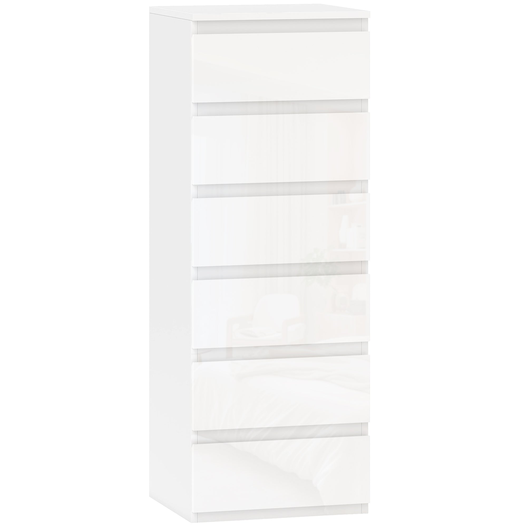 Commode 6 tiroirs à haute brillance, meuble de rangement étroit sans poignées, chiffonnier, style moderne, commode pour chambre à coucher, salon, couloir, 40 x 35 x 109 cm, blanc